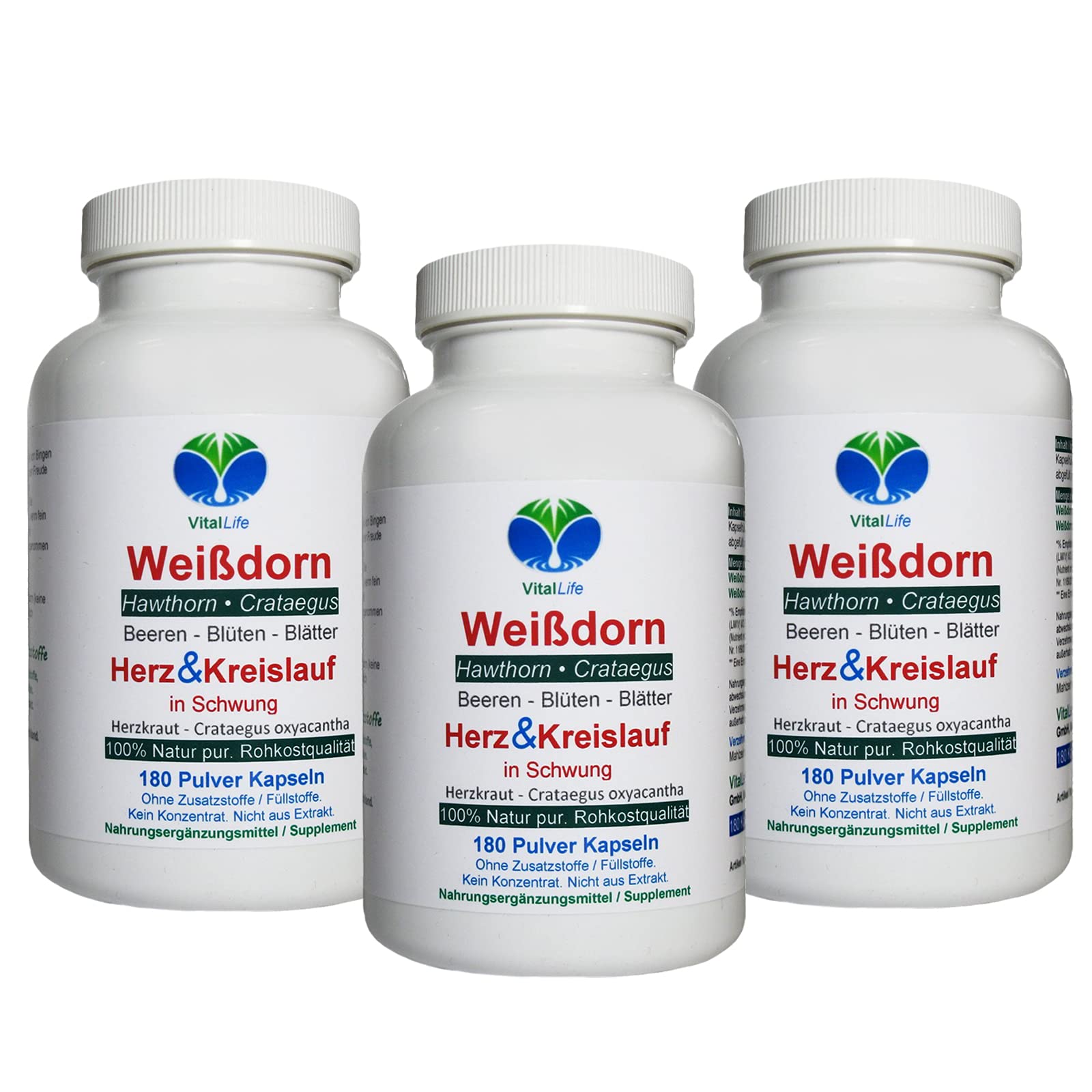 WEISSDORN Weißdorn HERZ-KREISLAUF 540 Kapseln 3x180 "HERZKRAUT" NATUR pur Weißdornbeeren & Weißdornblätter & Weißdornblüten. OHNE ZUSATZSTOFFE. 27100-5