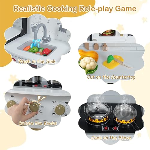 Miniatura 4 de HONEY JOY Juego de cocina esquinera para niños, cocina de madera definitiva para niños pequeños, lavadora, máquina de hielo, fregadero, microondas,