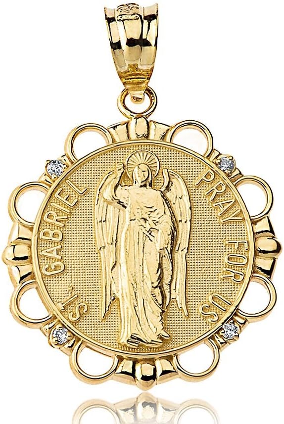 14k Gold Archangel St. Gabriel Pray For Us Diamond Round Medal Pendant