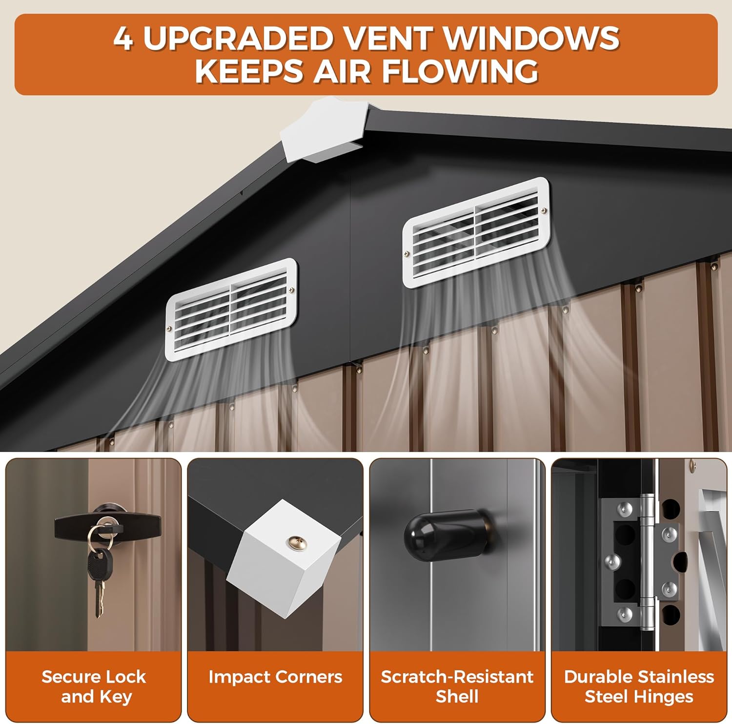 IRONCK 10x12 FT Storage Shed with Clear Window, Outdoor Tool Shed with Lockable Doors and Breathable Ventilation, Metal Garden Storage with 9.8x11.5 FT Base for Generators/Bikes/Wheelbarrows, Brown