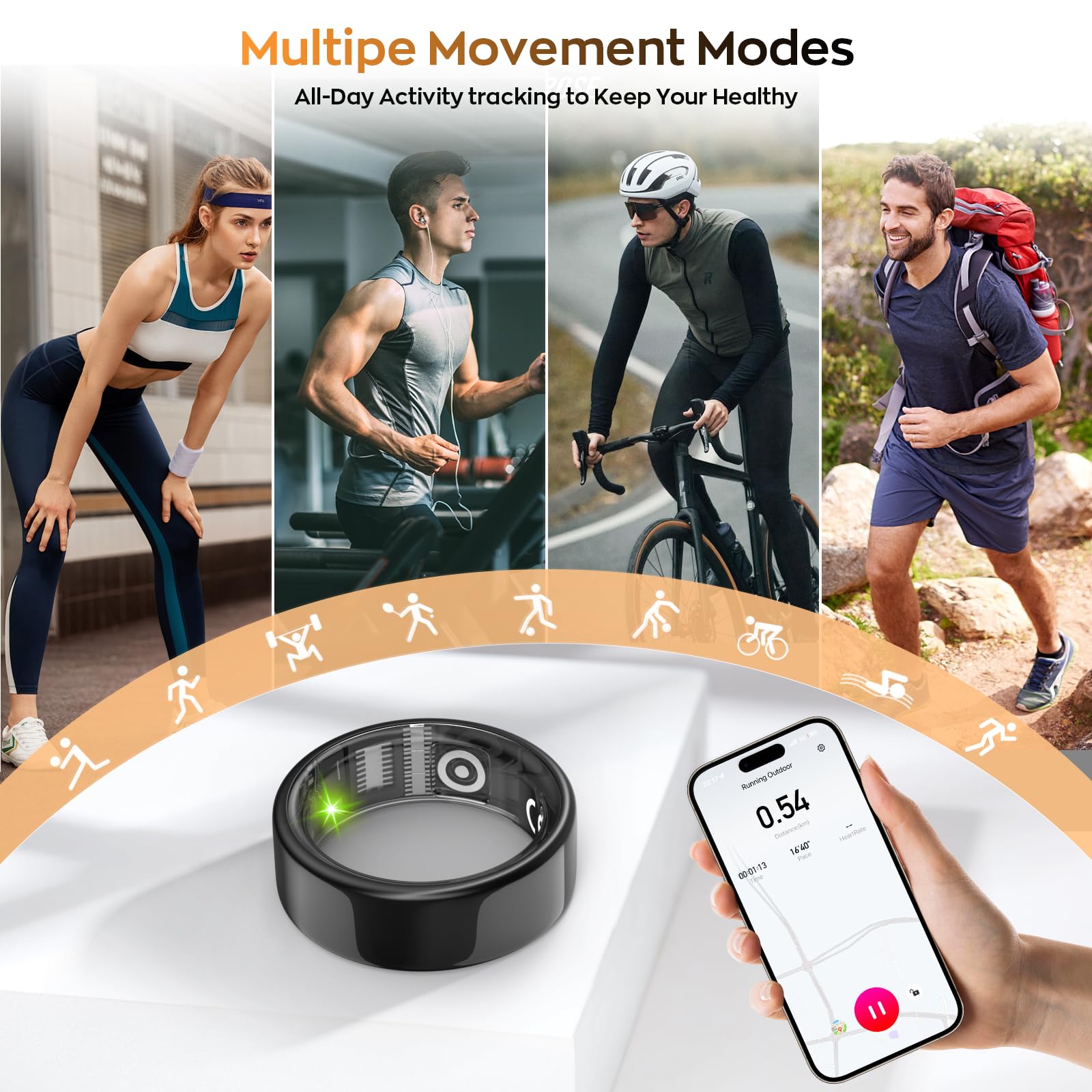 Fitness Tracker con frequenza cardiaca, ossigeno nel sangue, pressione sanguigna, monitoraggio del sonno, contapassi, senza costi di abbonamento, anello intelligente impermeabile IP68, per iPhone e