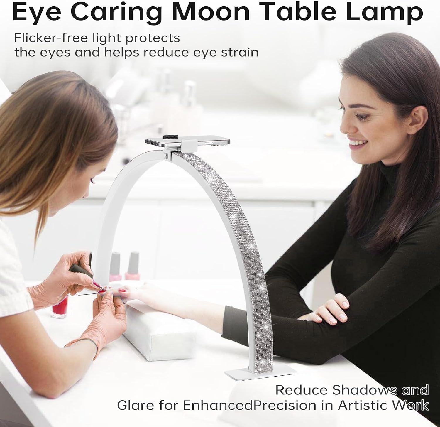 half moon light with phone holder, 29in 35w 2520lumen foldable nail desk for desk, 2700-6500k adjustable diamond nail table light for tattoo, eyelashes, nail, spa, salon, makeup