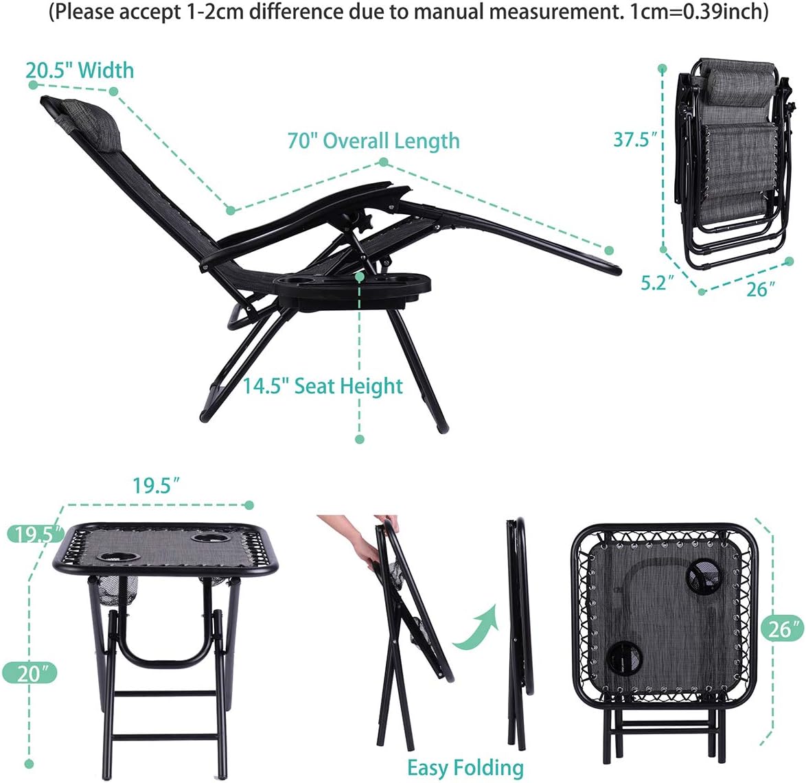 Set of 2 Adjustable Folding Steel Mesh Zero Gravity Lounge Chair Recliners w/Pillows and Cup Holder Trays, Pool Side Outdoor Yard Beach