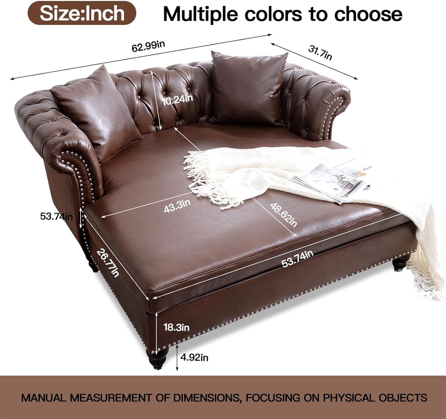 63" Chesterfield Loveseat Chaise Lounge Sofa, Upholstered Faux Leather, Oversized Chaise Lounge Indoor Sofa, with 2 Pillows, Tufted Back, Rolled Arm, 2-Seater Couch for Living Room or Office (Brown)
