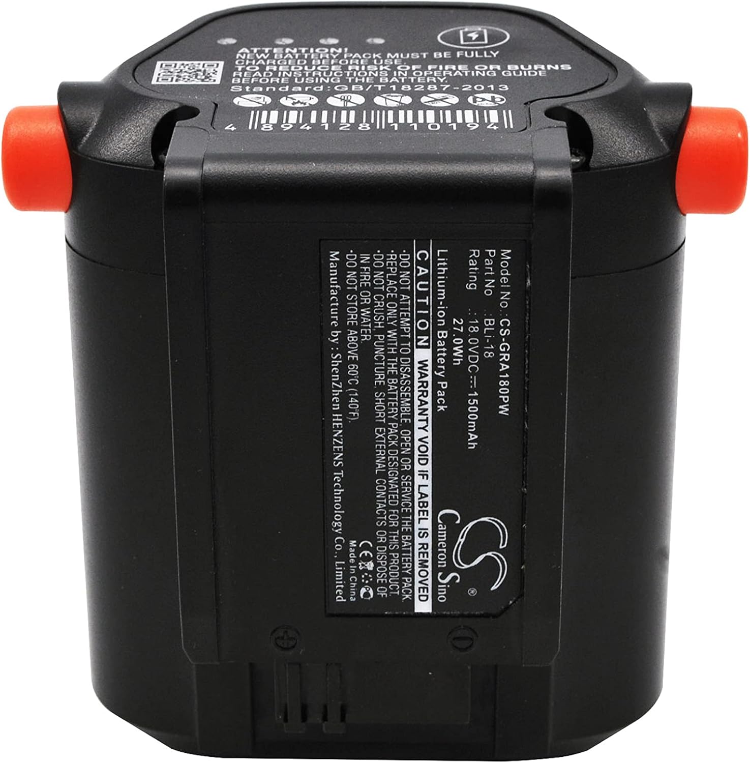Vsdampj 18V 1500mAh Li-ion Replacement Battery, top-down view of labels