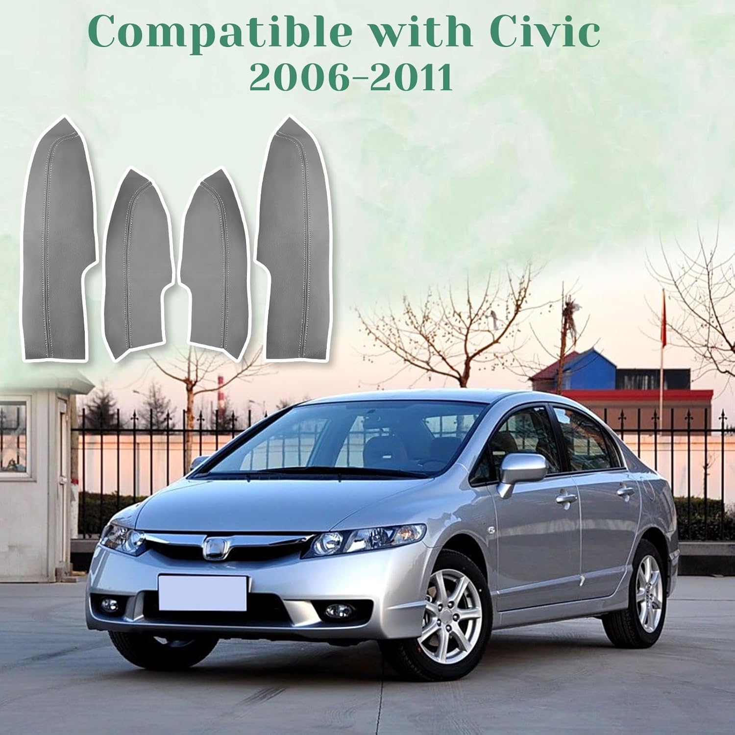 4PCS Car Door Panel Armrest Cover Replacement Compatible with Honda Civic 2006-2011 Front and Back Leather Arm Rest Replaced Skin Upholstery Gray (Only Leather Part)