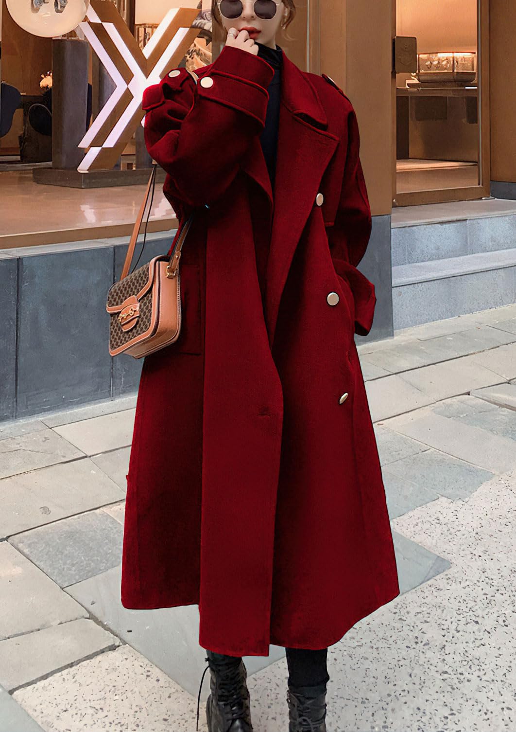 chouyatou Women's Winter Double Breasted Midi Long Wool Pea Coat Notch Lapel Winter Trench Coat: Large Red