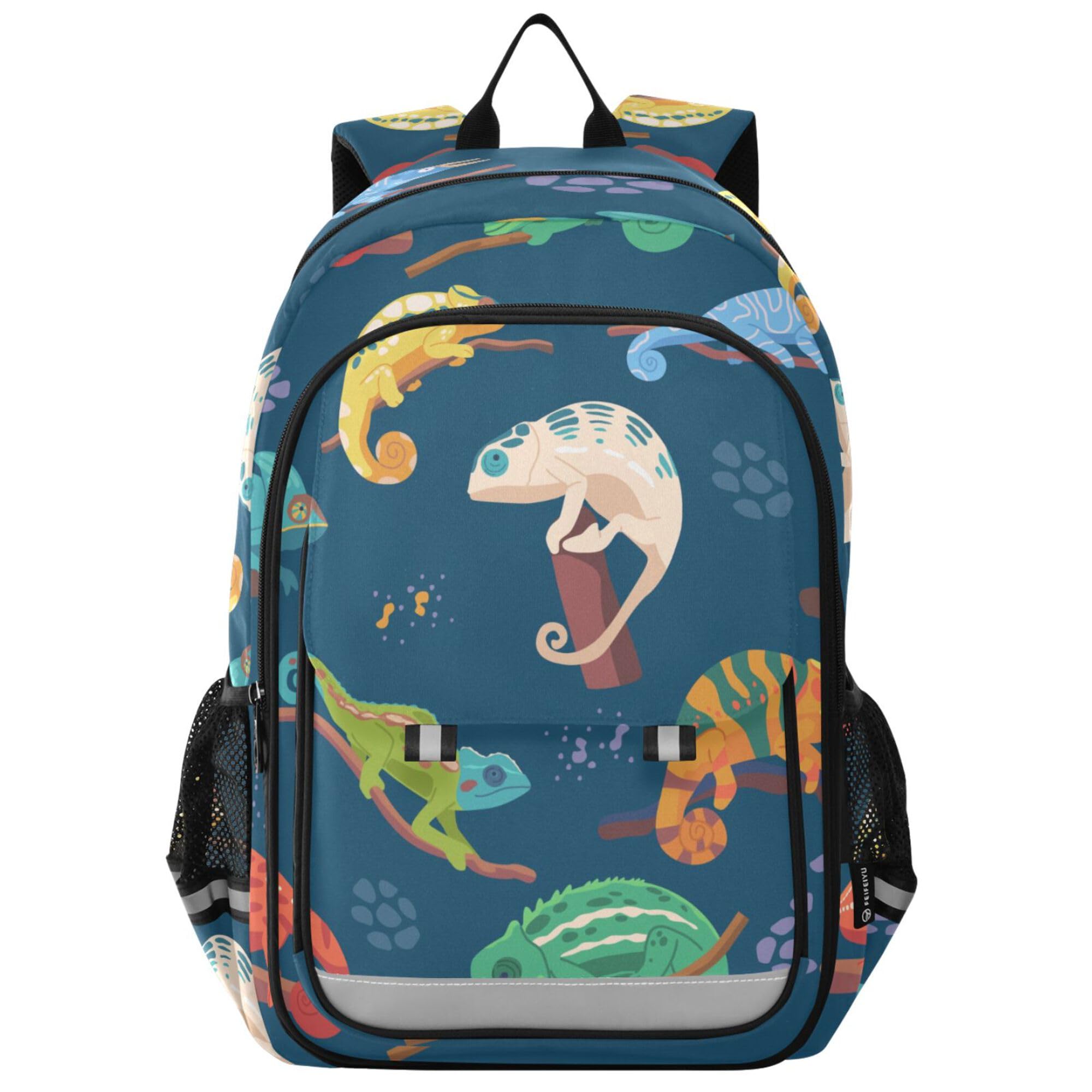 Fisyme Cartoon Chameleons School Backpack Laptop Backpacks Bags Bookbag Travel Casual Computer Notebooks Daypacks