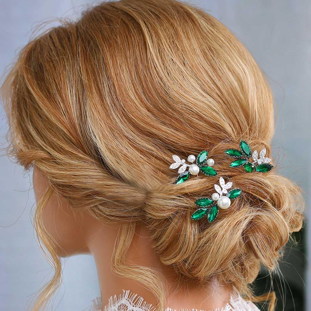 Heread Green Crystal Bride Wedding Hair Pins Silver Pearl Bridal Hair Pieces Rhinestones Leaf Hair Accessories for Women and Girls (Pack of 3) - Image 3
