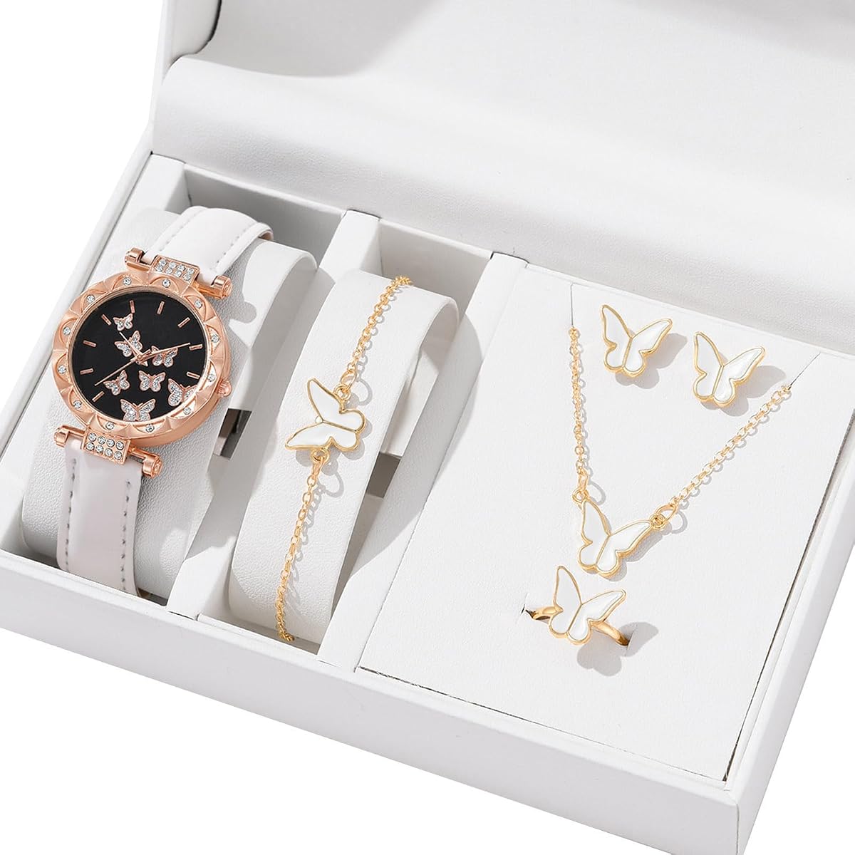 Women Watch, 6pcs/Set Luxury Watch Women Rings Necklace Earrings Bracelet Set Butterfly Leather Strap Watches Lady Wristwatch