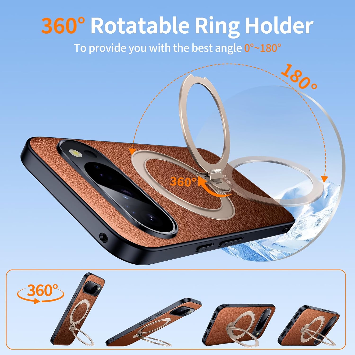 for Google Pixel 10 Pro XL Case, Pixel 10 Pro XL Leather Texture Phone Case with Magnetic Ring Stand Brown