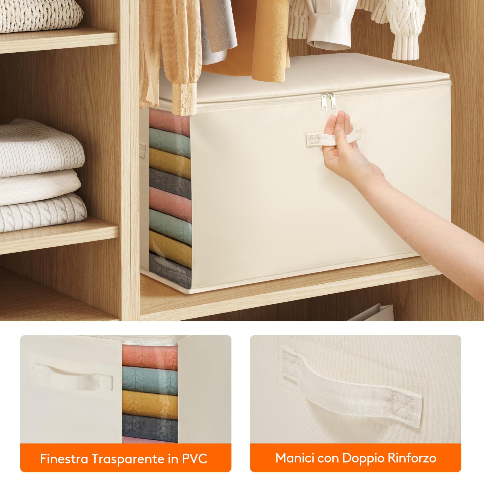 SWEERI Organizer Per Vestiti 100L Impilabile – Contenitore In Tessuto Con Telaio Metallico, Finestre Trasparenti, Antiumidità – Confezione Da 2 (60x42x40 Cm)