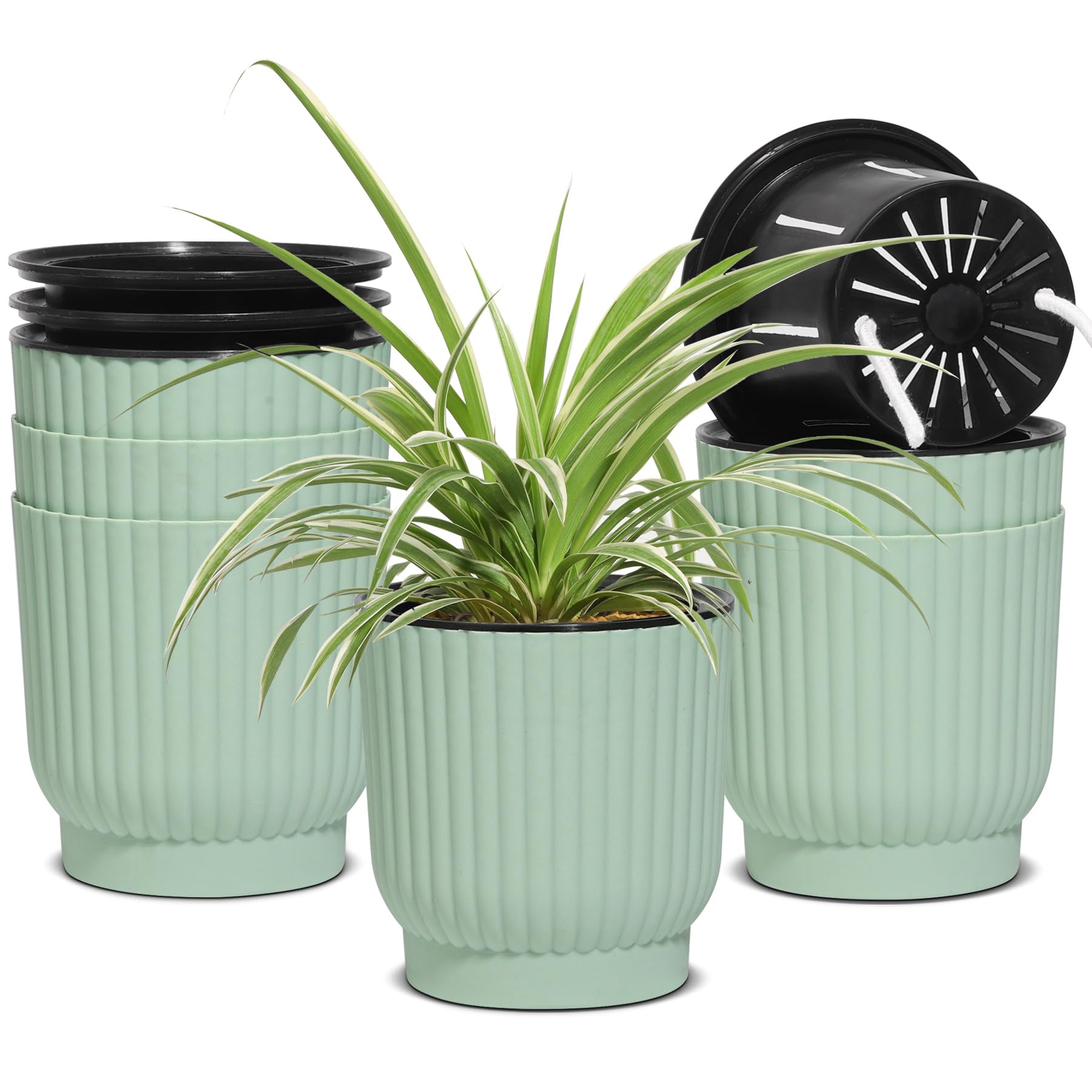 T4U 4.5 Inch Self Watering Pots 6 Pack, Plastic Plant Pots with Holder, Windowsill Flowers Pots for All Indoor Outdoor Plants, African Violets (Green)