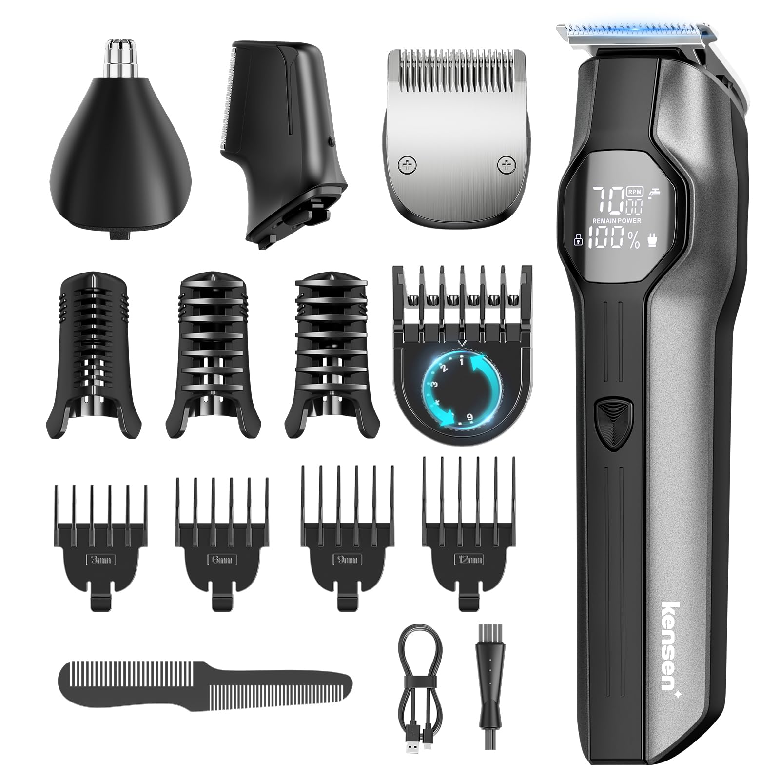 kensen Afeitadora Corporal Masculina 4 en 1, 2 Velocidades Depiladora Corporal Hombre, IPX7 Impermeable Body Shaver para Barba, Orejas, Axilas, Pecho, Piernas y Genitales, Pantalla LED, 210 mins Uso