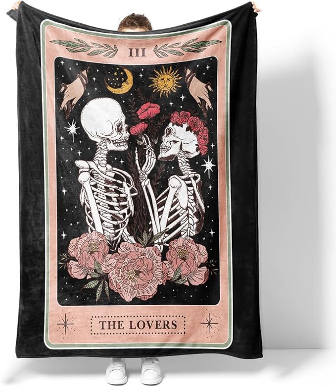 Skull Rose Tarot Throw Blanket for Adults - Soft Flannel Bed Couch Blanket with Gothic Flower Design for Women Men, Cozy Living Room Decor Gift for Lovers