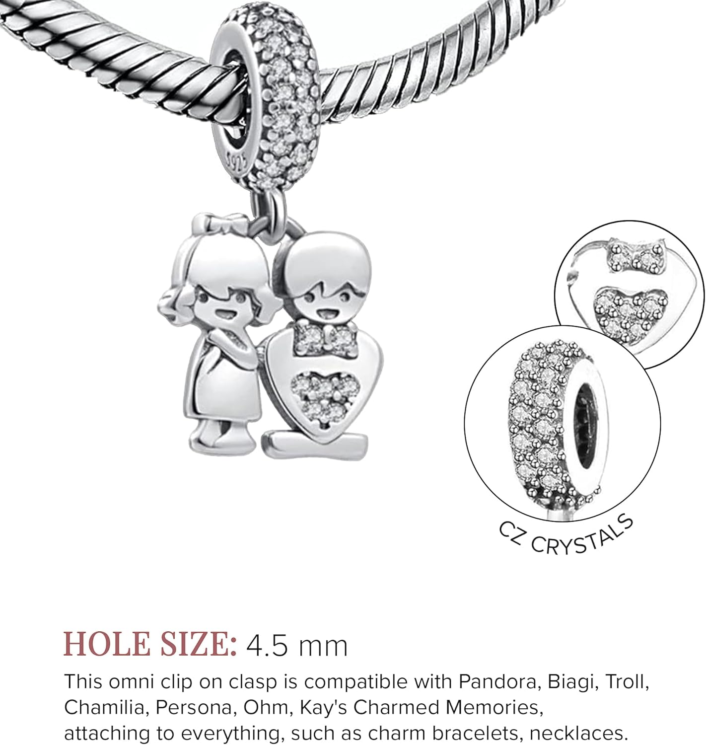 Bolenvi Brother Sister Boy Girl Dangle Pendant Charm, Omni Clasp Clip on 925 Sterling Silver Charms Compatible with Pandora & Similar Bracelets, Necklaces & DIY Jewelry, Charms for Jewelry Making - Image 2
