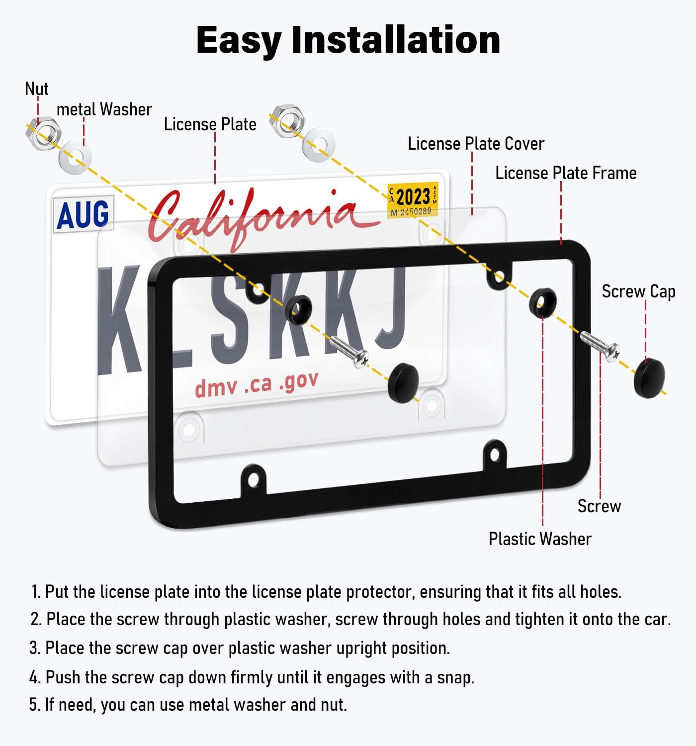 2 Pack Clear License Plate Covers and Frames, License Plate Protector Unbreakable Plastic Shields Tag Holder Fits Standard US Plates with Screws Caps