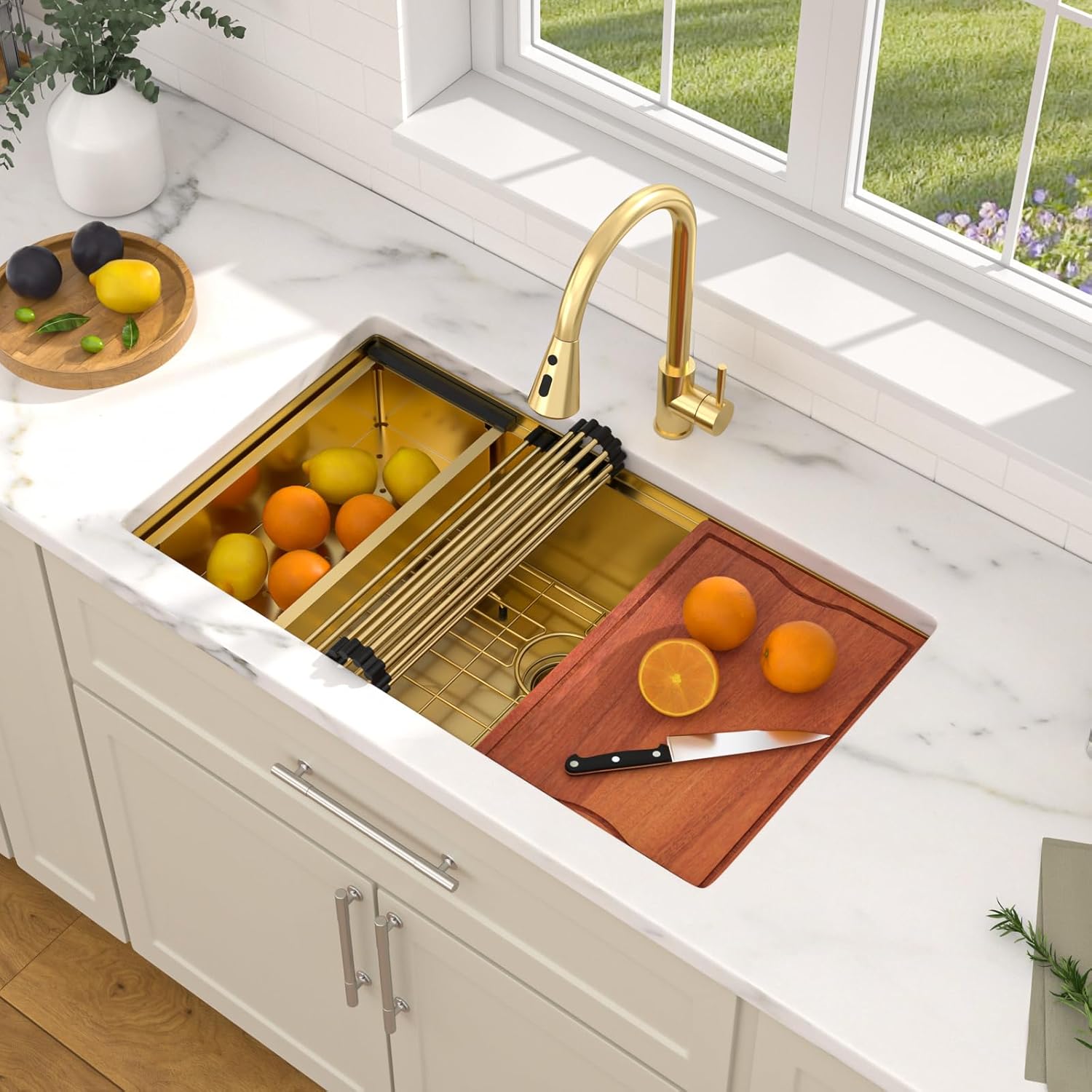 Dcolora 36 In. Gold Undermount Kitchen Sink, Workstation with Valued Accessories, Heavy Duty 16 Gauge 304 Stainless Steel Luxury Gold Nano-PVD, 36"x19"x10" Large Single Bowl #DC-U2533007GW