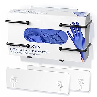 Glove Box Holder, Adhesive Wall-Mounted Metal Dispenser, Tool-Free Organizer for Rubber Latex Gloves, Facial Tissue and Storage, Black