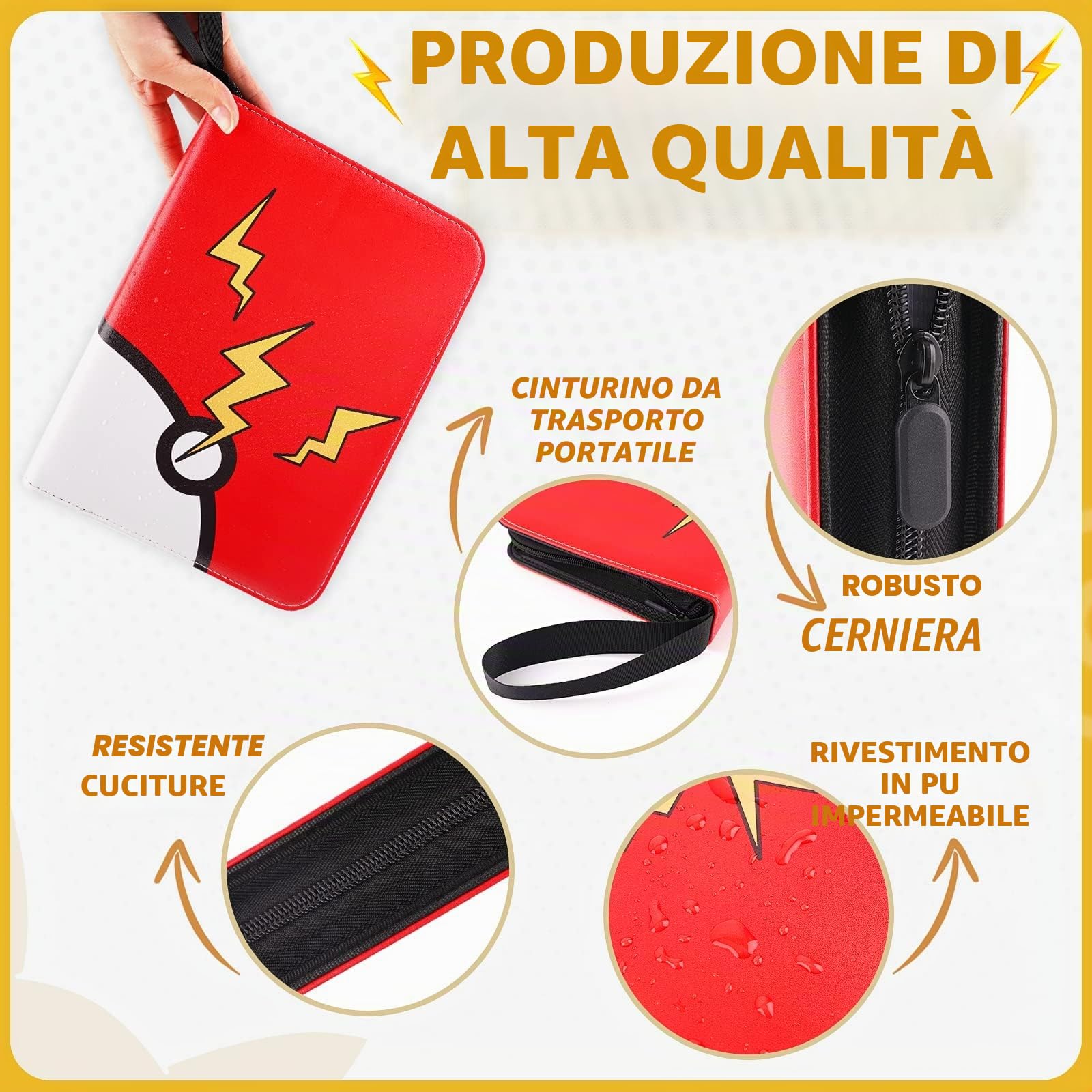Raccoglitore Carte Pokemon 9 Tasche, Album Carte con Cerniera, PU Album Porta Carte Impermeabile, 50 Pagine, 900 Tasche