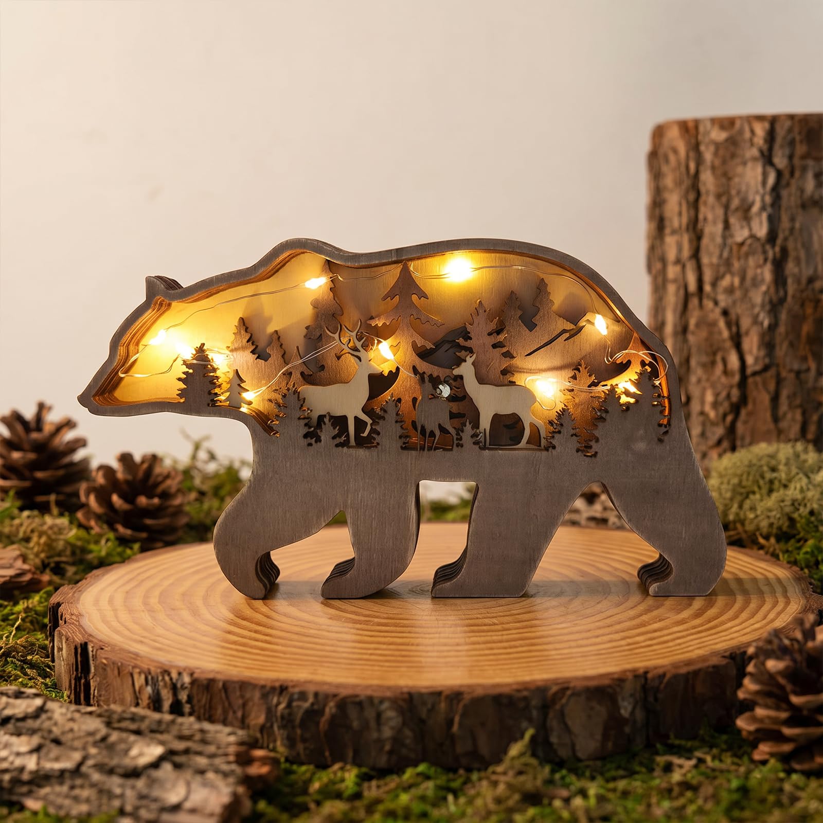 Drawelry Lámpara 3D de madera tallada en forma de animales - Decoración de interior - Oso lindo - Familia de elefantes - Idea de regalo para Navidad, salón, oficina - Luz nocturna LED cálida - Regalo