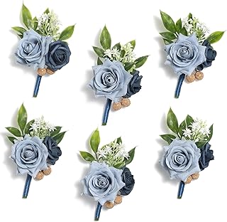 Serwalin Blue Boutonniere for Men, 6Pcs Groom and Best Man Prom Boutonniere for Wedding Ceremony Anniversary, Homecoming, Formal Party and Rustic Fall Wedding Marriage