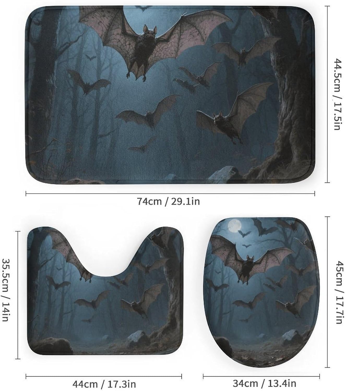 Bat Shower Curtain Set 4 Piece, Non-Slip Bath Mat with Toilet Lid Cover and Waterproof Shower Curtain with 12 Hooks, Complete Bathroom Set for Home Decor