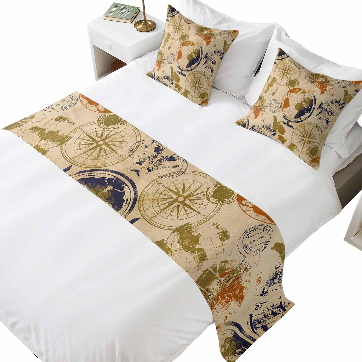 3pcs Retro Earth Globe Bed Runner Set, 83x20in, Travel Compass Vintage Queen Bed Runner Scarf & 2 Pillowcases, Soft Bedding Scarves for Home Hotel Decorations