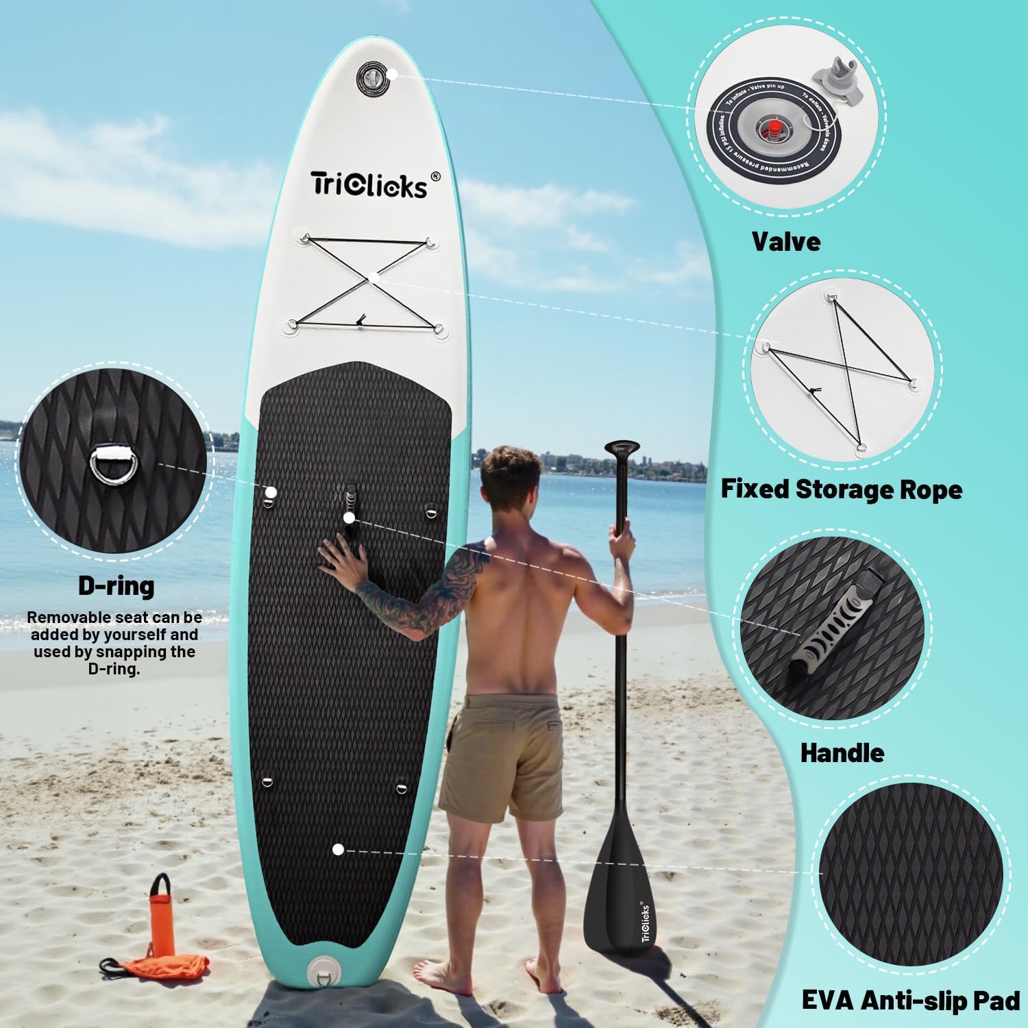 Triclicks SUP Tavola da surf gonfiabile con paletta regolabile, pompa a mano con manometro, leash, finner, zaino, 300 x 76 x 15 cm