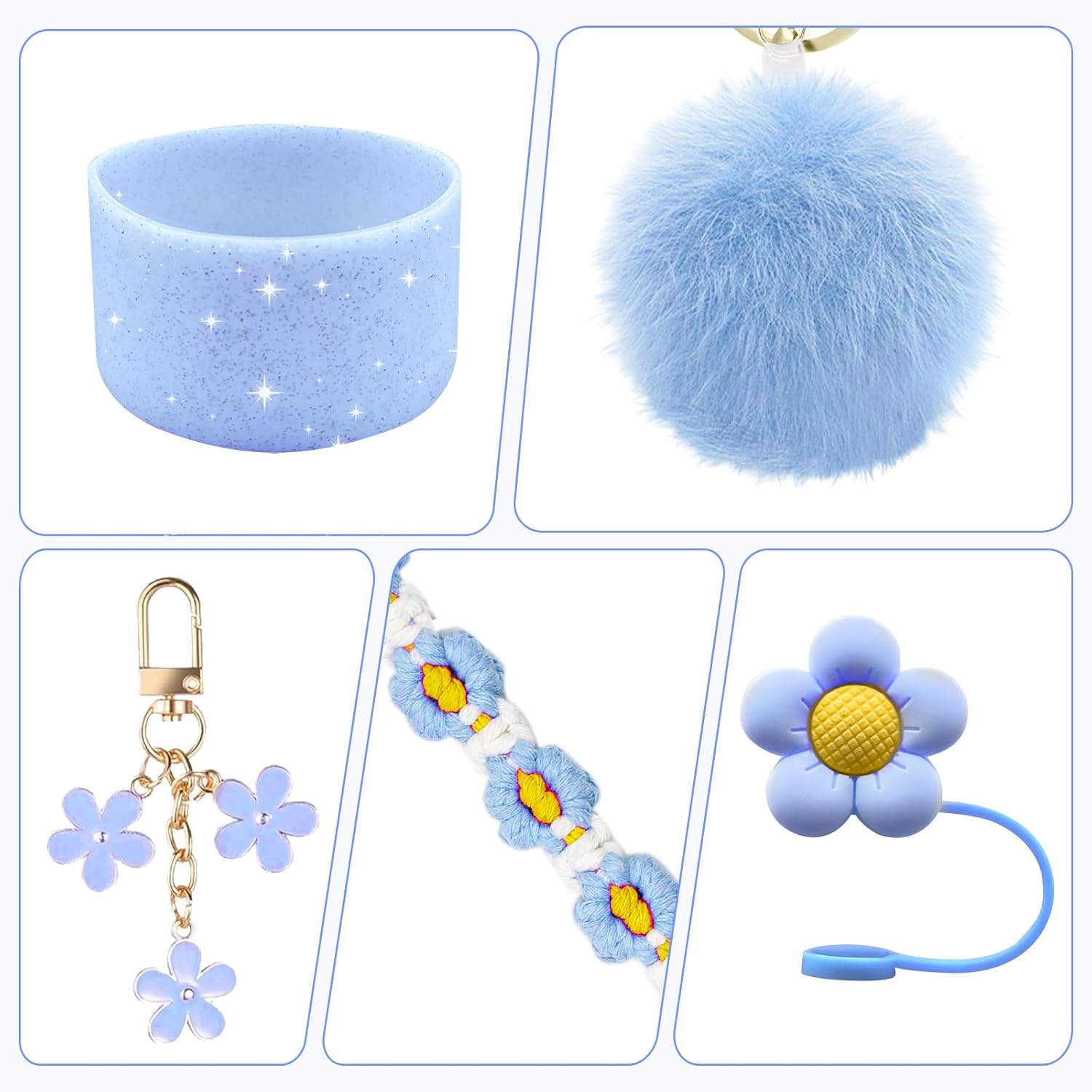 Stanley Cup Accessories Set Including Adjustable Water Bottle Shoulder & Handle Strap, Glitter Silicone Protective Boot, Silicone Straw Topper Cover, Cute Charms for Stanley 30oz 40oz Tumbler (Blue) - Image 5
