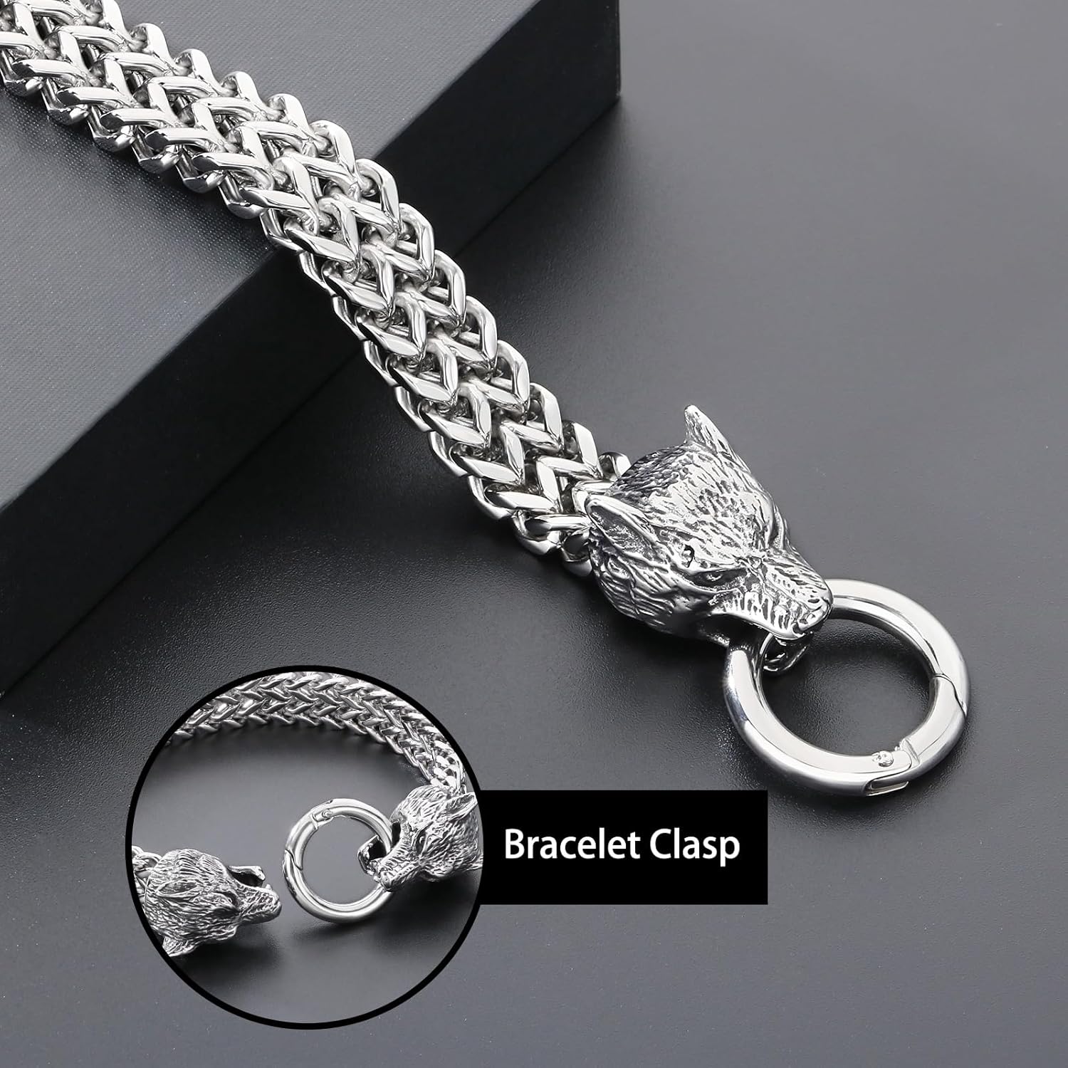 Silver Stainless Steel Wolf Head Link Chain Bracelet for Men Vintage Gothic Bracelets for Men Biker Jewelry Franco Link Gift for Him - Image 3