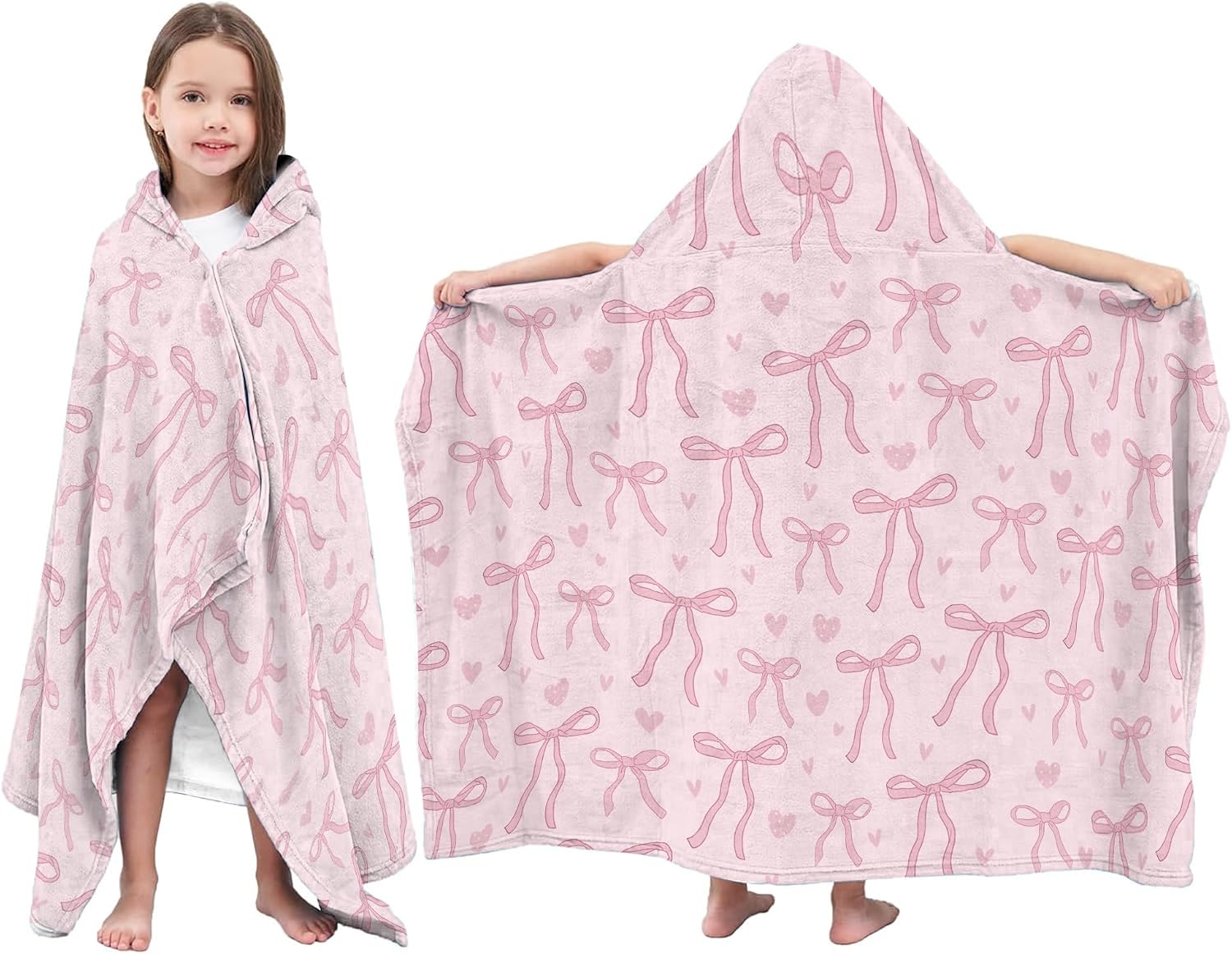 Kids Hooded Towel for Girls, 30"x50" Pink Bow Hooded Beach Towel, Soft Absorbent Toddler Bath Towel, Quick Dry Poncho Swim Cover Up, Cute Bow Gifts for Girls Birthday Christmas