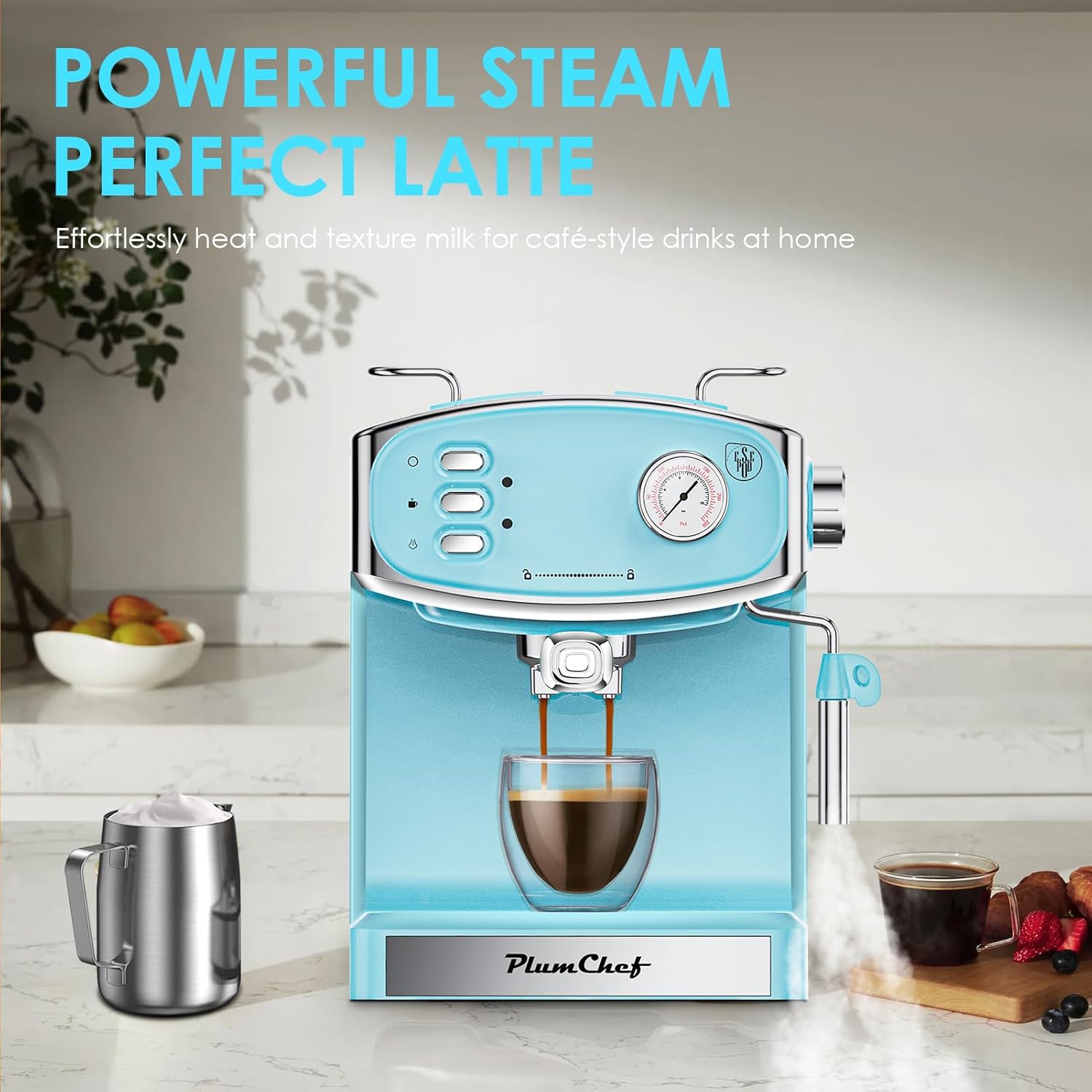 20 Bar Espresso Coffee Maker for Home - Professional Compact Coffee Maker witn Steam Wand Milk Frother, Pressure Gauge, 54oz Tank - Low Noise Fast Brew for Cappuccino, Latte