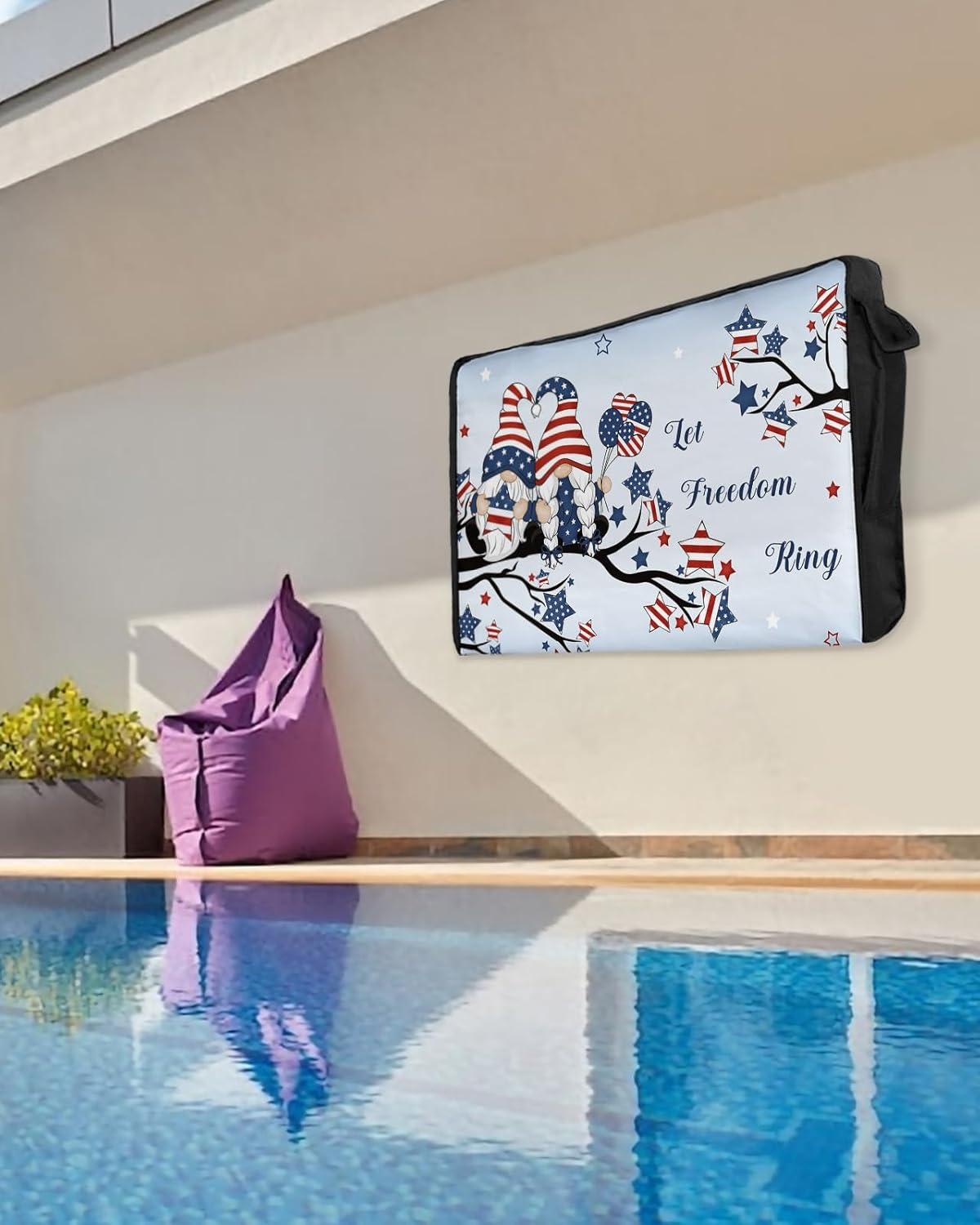 Outdoor TV Cover - 4th of July USA Flag Patriot Gnome Tree Balloon Aqua Blue Waterproof and Weatherproof 52"-55" LCD Movable Shield TV Display Screen Protector Outside Television Covers