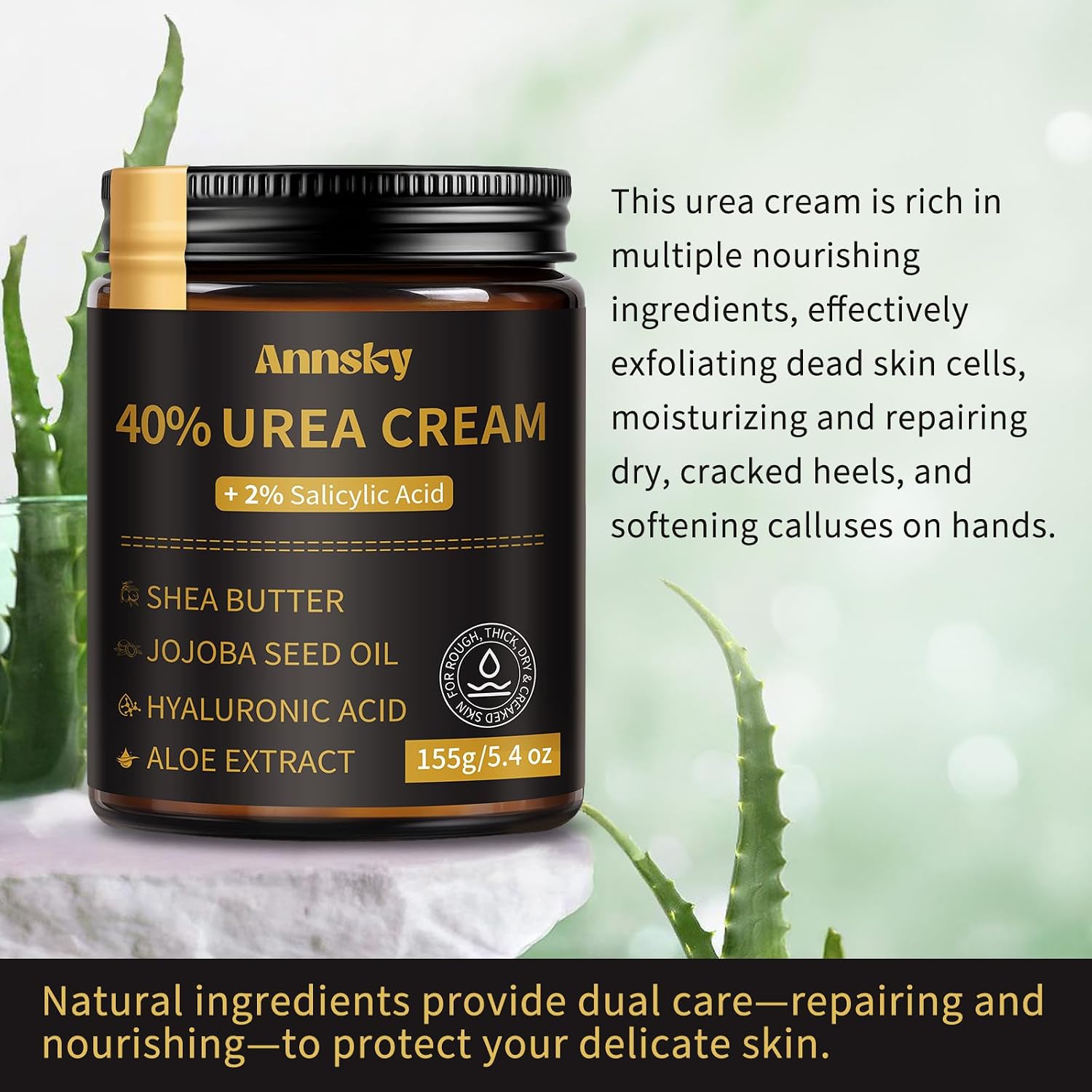 Urea Cream 40% Plus Salicylic Acid 2%, Foot Cream for Dry, Cracked Heels, Calluses Professional Feet Maximum Strength Moisturizing Cream, 155g