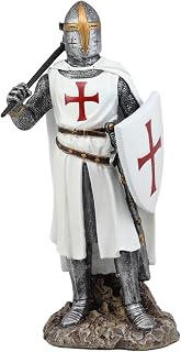 Ebros White Cloak Caped Medieval Crusader Bardiche Axeman with Shield of Christ Knight Figurine 12.25" H Medieval Royal Suit of Armor Knight of The Cross Axemen Resin Collectible Statue