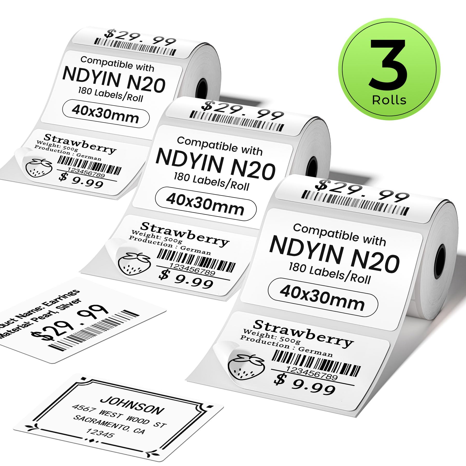 3 rollos de etiquetas térmicas compatibles con SUPVAN T50M, NDYIN N20 y ORGSTA T003, 40 x 30 mm, 230 etiquetas/rollo, etiquetas térmicas para etiquetadora N20, para código de barras, dirección