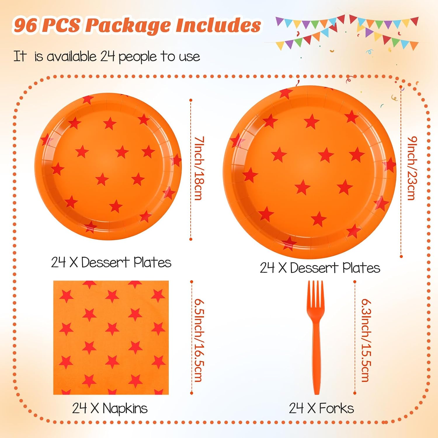 Oudain 96 Pcs Anime Paper Plates Napkins Forks Orange Red Stars 24 Sets image 2