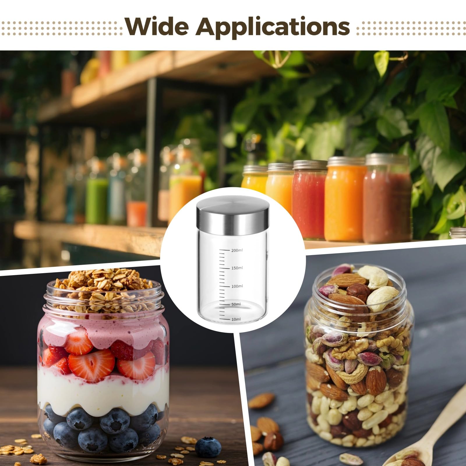 6er-Set 200 ml Borosilikatglas-Saftflaschen mit Messskala und luftdichten Edelstahl-Deckeln, wiederverwendbare Getränkeflaschen für Saft, Smoothies, Kombucha und mehr, für Küche und Alltag