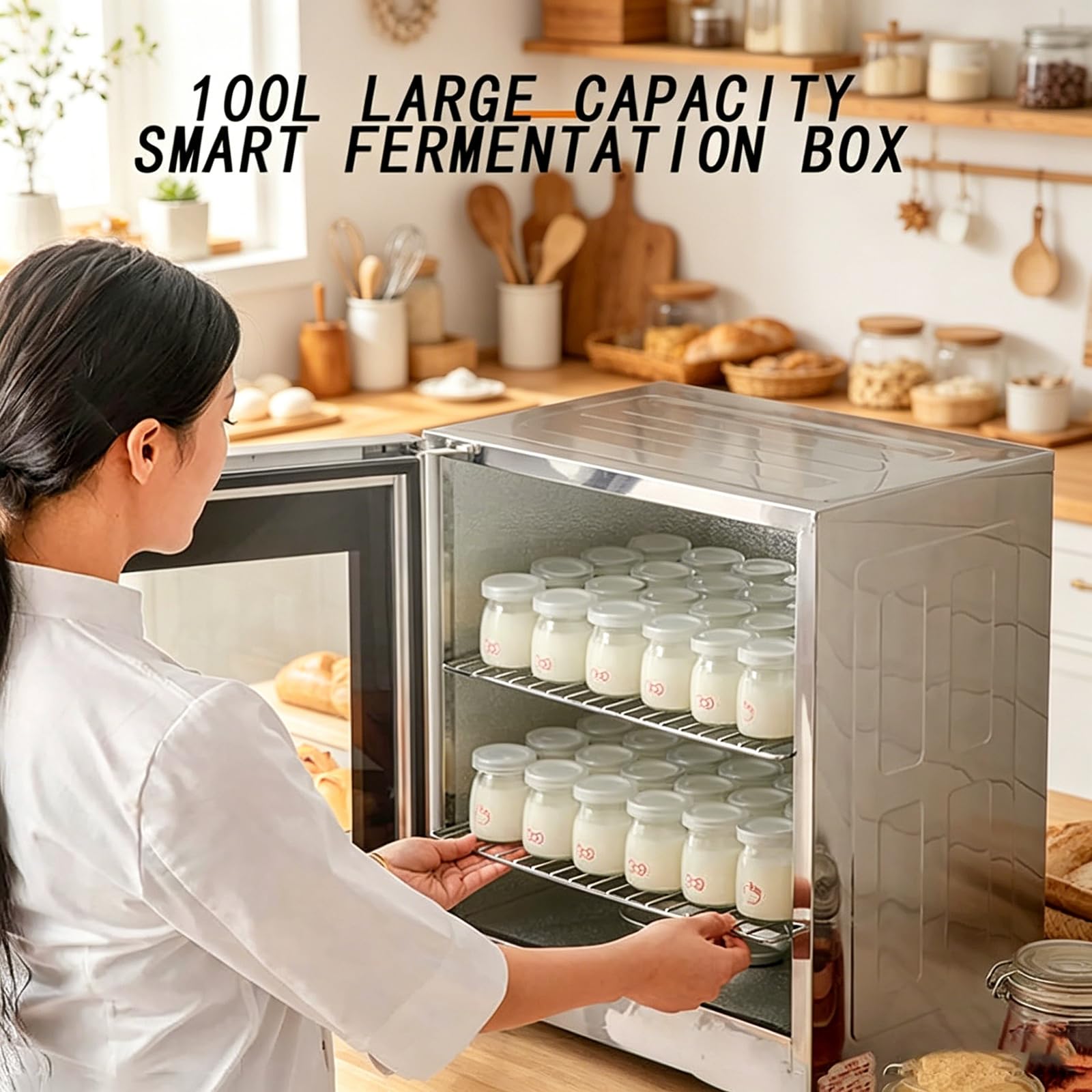 Cella Lievitazione Professionale 100 Litri, Fermentazione Pane Acciaio Inox 6 Strati, LED Integrato, Temperatura umidità Regolabili, Contenere Teglia Forno Dimensioni Massime 480 * 340 Mm