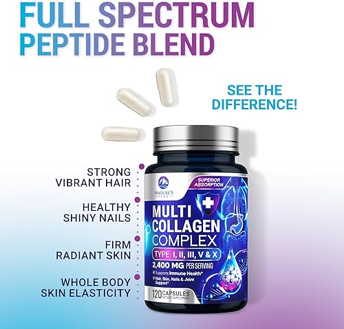 Miniatura 5 de Suplemento de péptidos de colágeno múltiple para cabello, uñas, piel, tipo I, II, III, V, X, pastillas de colágeno en polvo, alimentado con pasto