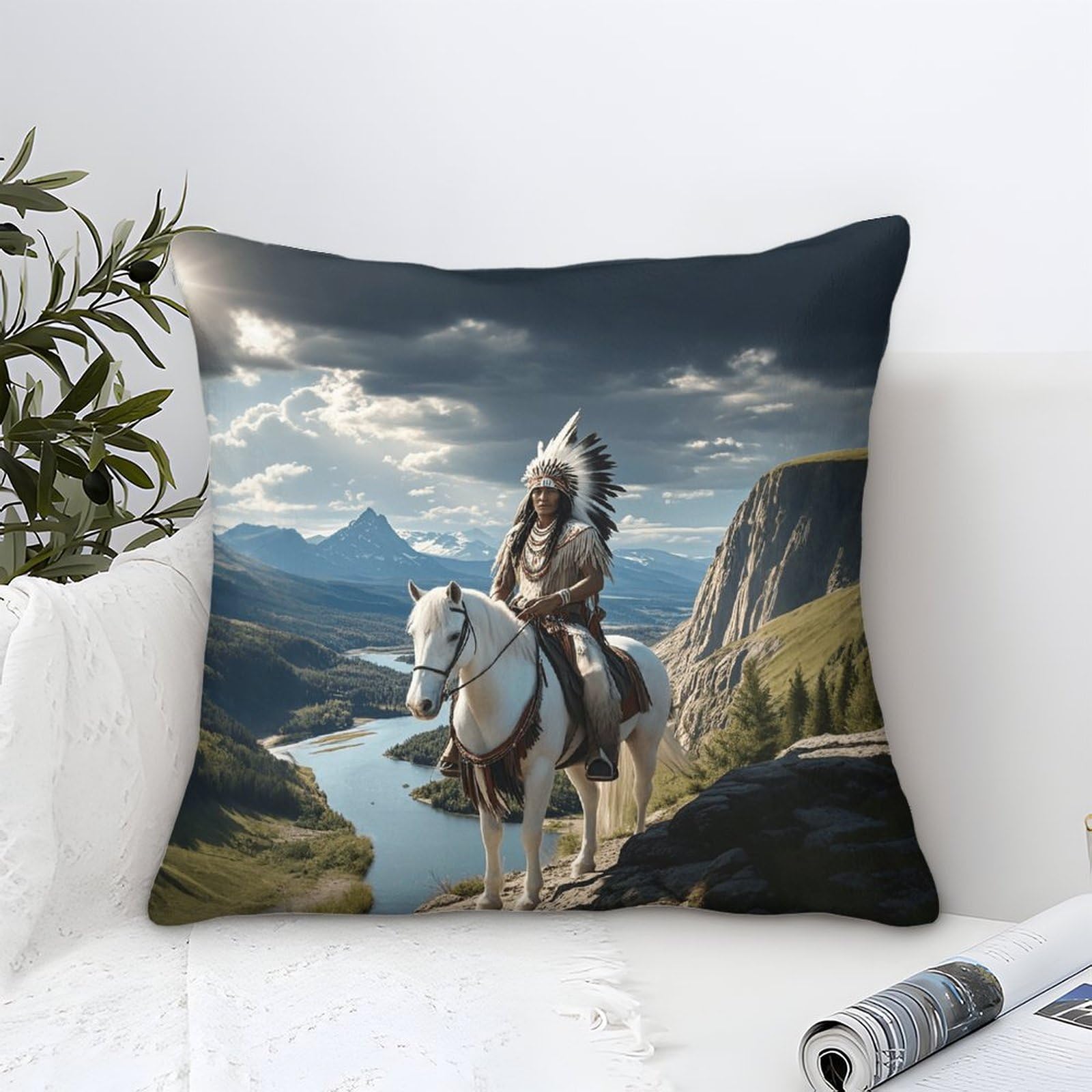 LILIlaobiao Native American Cushion Cover Colorful Ornament Mohican Knight Pillow Cover Decor for Livingroom Couch Bed Sofa Decorate Throw Pillow Case Native American Gift 50x50cm