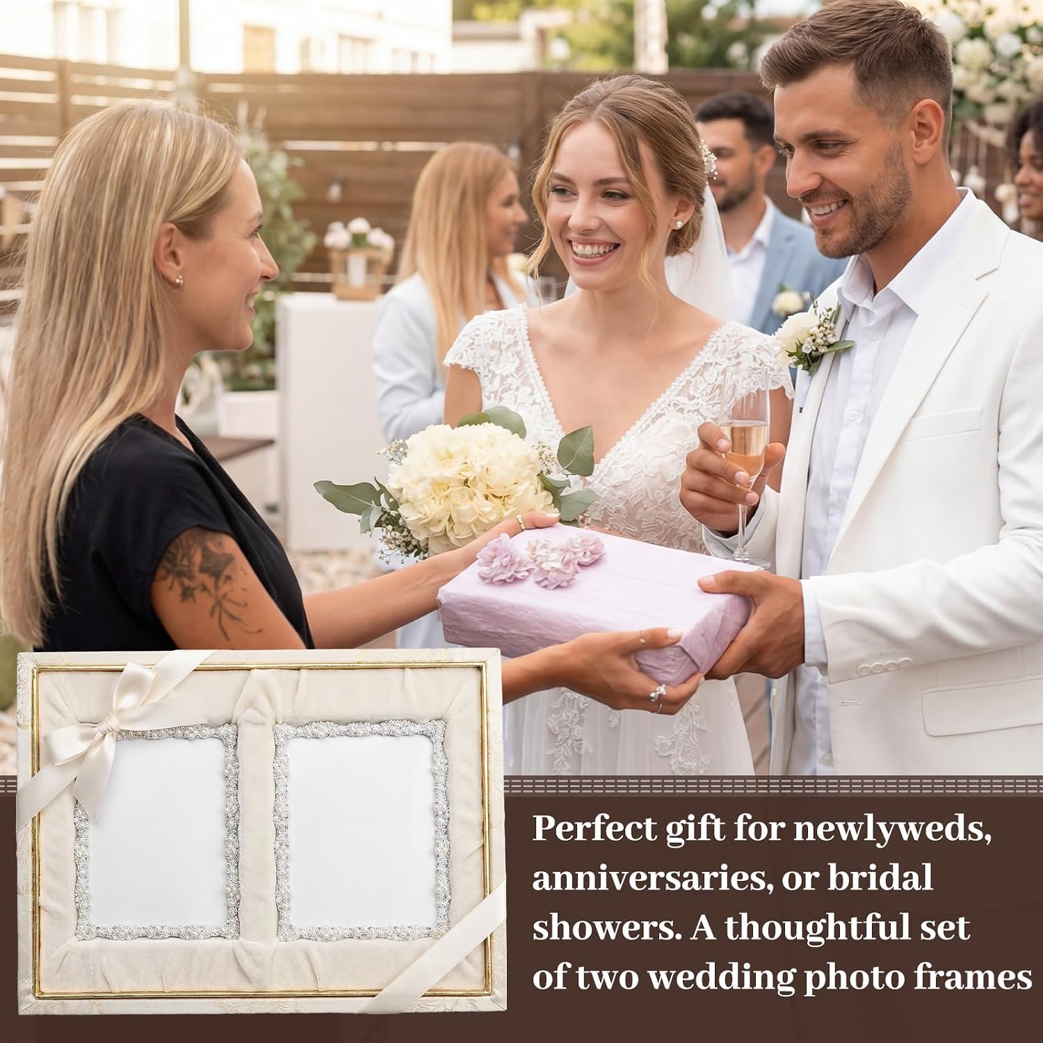 2 Pcs 8x10 Picture Frame with Pearl for Wedding Silver Plated Photo Frames with High Definition Glass Rhinestones Tabletop Wall Display for Wedding Gift Bridal Shower Engagement