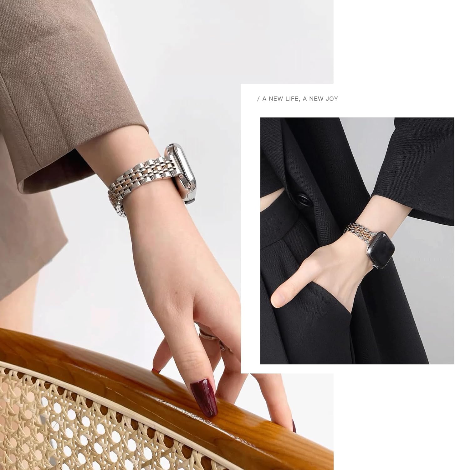 Slim Metal Band Compatible with Apple Watch Bands for Women, Series 11/10/9/8/7/6/5/4/3/2/1/SE, 42mm (S11/10),41/40/38mm Stainless Steel Bracelet, Silver/Gold & Silver/Rose Gold