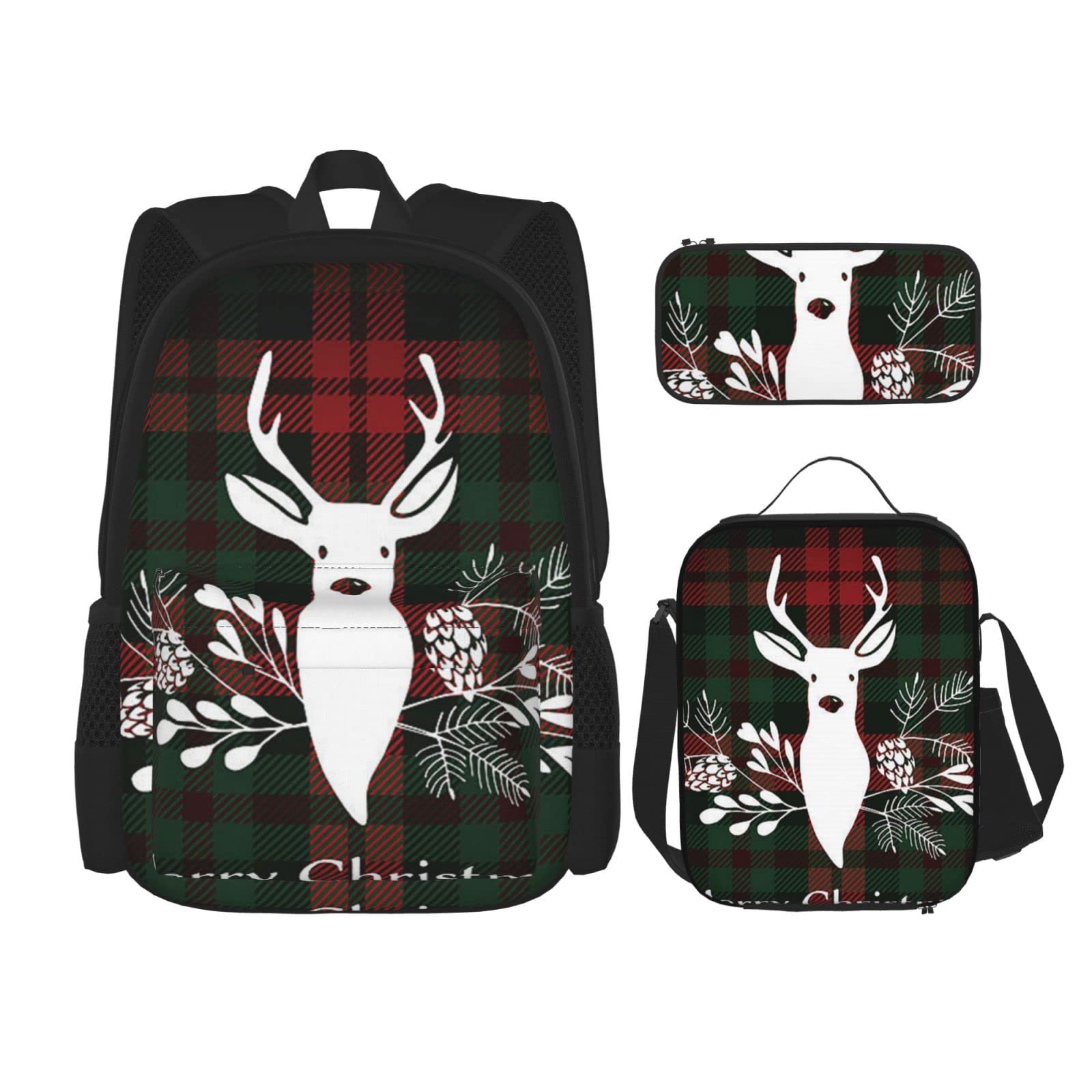 FFEXS Sheep dog Print Three-Piece Set Backpack Cross-body lunch bag pen bag set Combination Teens Adults Unisex, Merry Christmas Reindeer Tartan Checkered Plaid Xmas Print, One Size