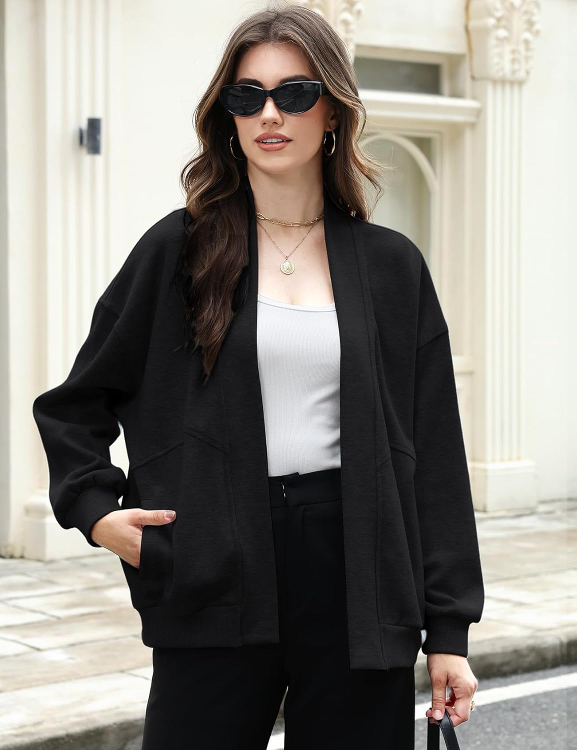 Wyeysyt Womens Sweatshirt Cardigan Lightweight Oversized Drop Shoulder Open Front Casual Cardigan - Image 2