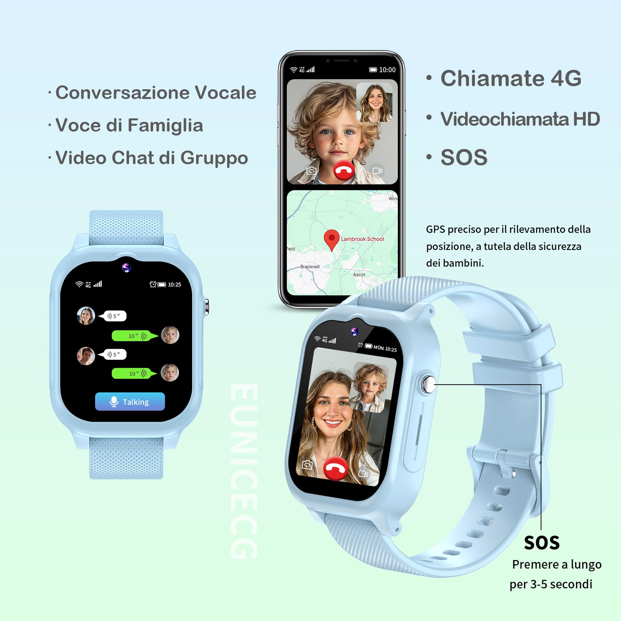 4G Smartwatch Bambini Orologio Bambino Bambina Localizzatore GPS Telefono SOS Videochiamata Contapassi Sveglia HD Fotocamera Impermeabile Digitale Regalo
