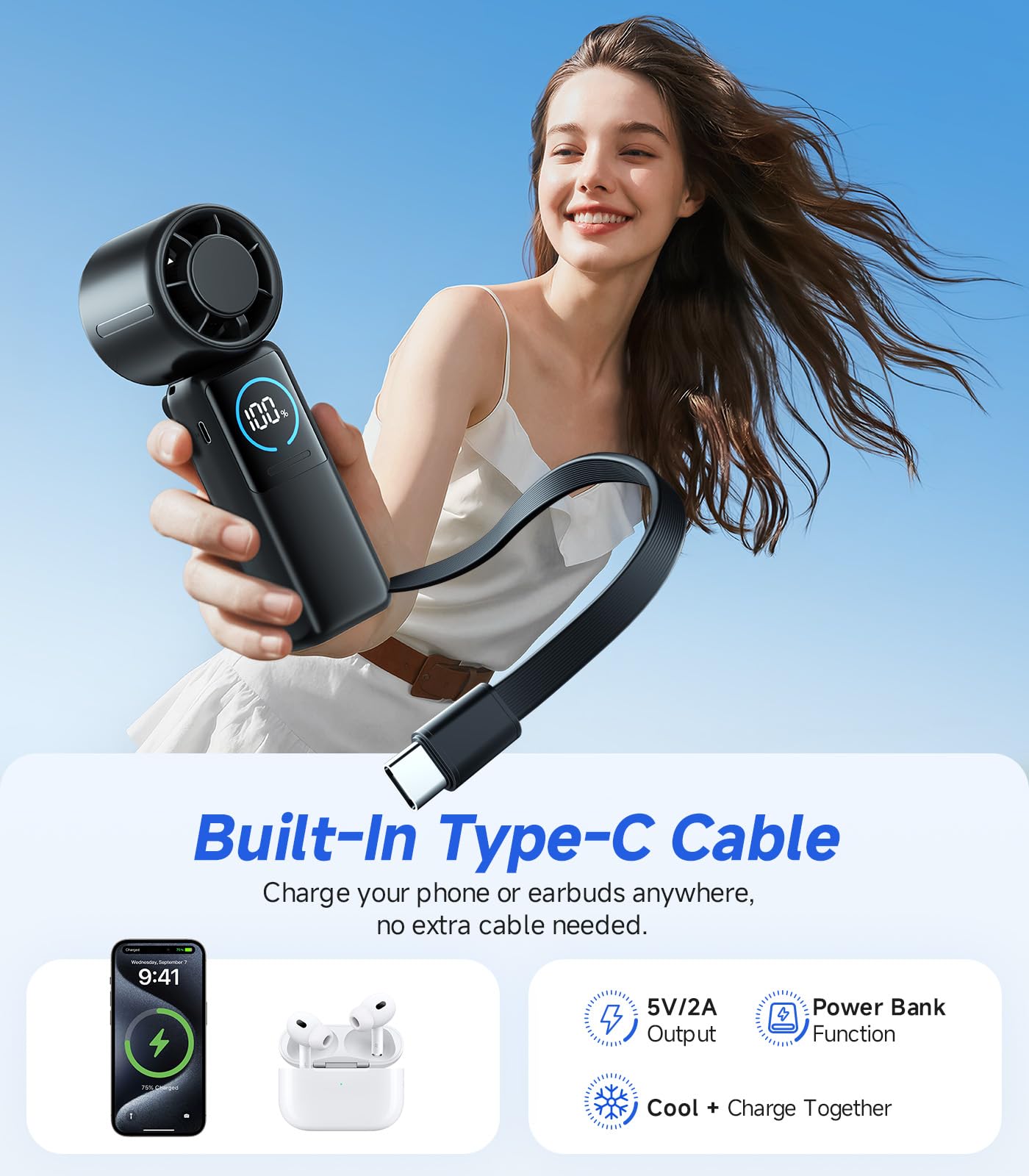 Ventilatore Portatile, 100 Velocità Ventilatore USB Ricaricabile di 15000mAh Batteria Autonomia 50h, Raffreddamento Turbo 15m/s, Pieghevole 4in1 Ventilatore da Tavolo e Collo per Esterni, Viaggi, Casa