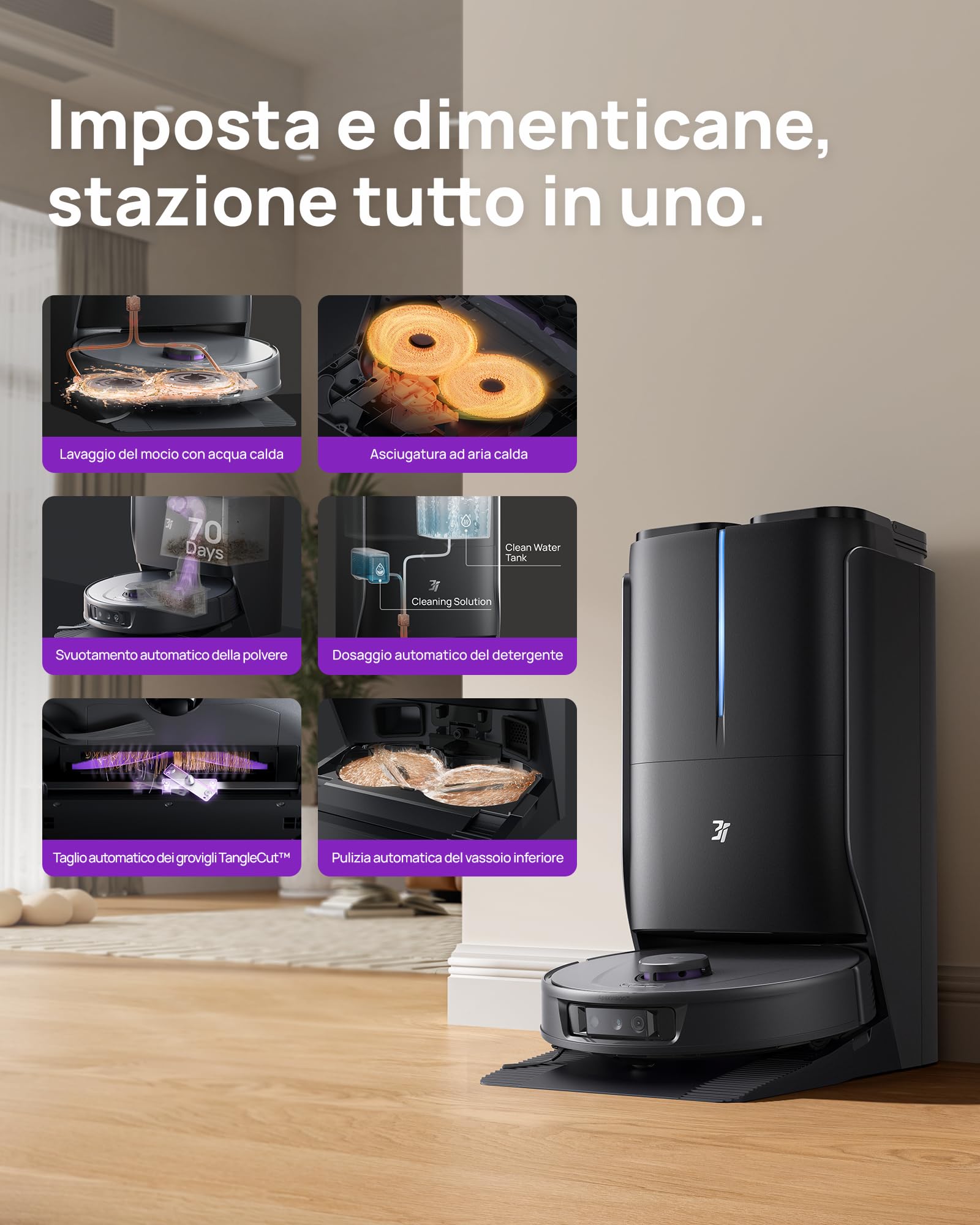 3i P10 Ultra Robot Aspirapolvere Lavapavimenti 18000 Pa Grigio,Panno Estensibile, Lavaggio&Asciugatura ad Acqua Calda, Auto-svuotamento, Auto-riempimento, Evitamento Ostacoli con IA