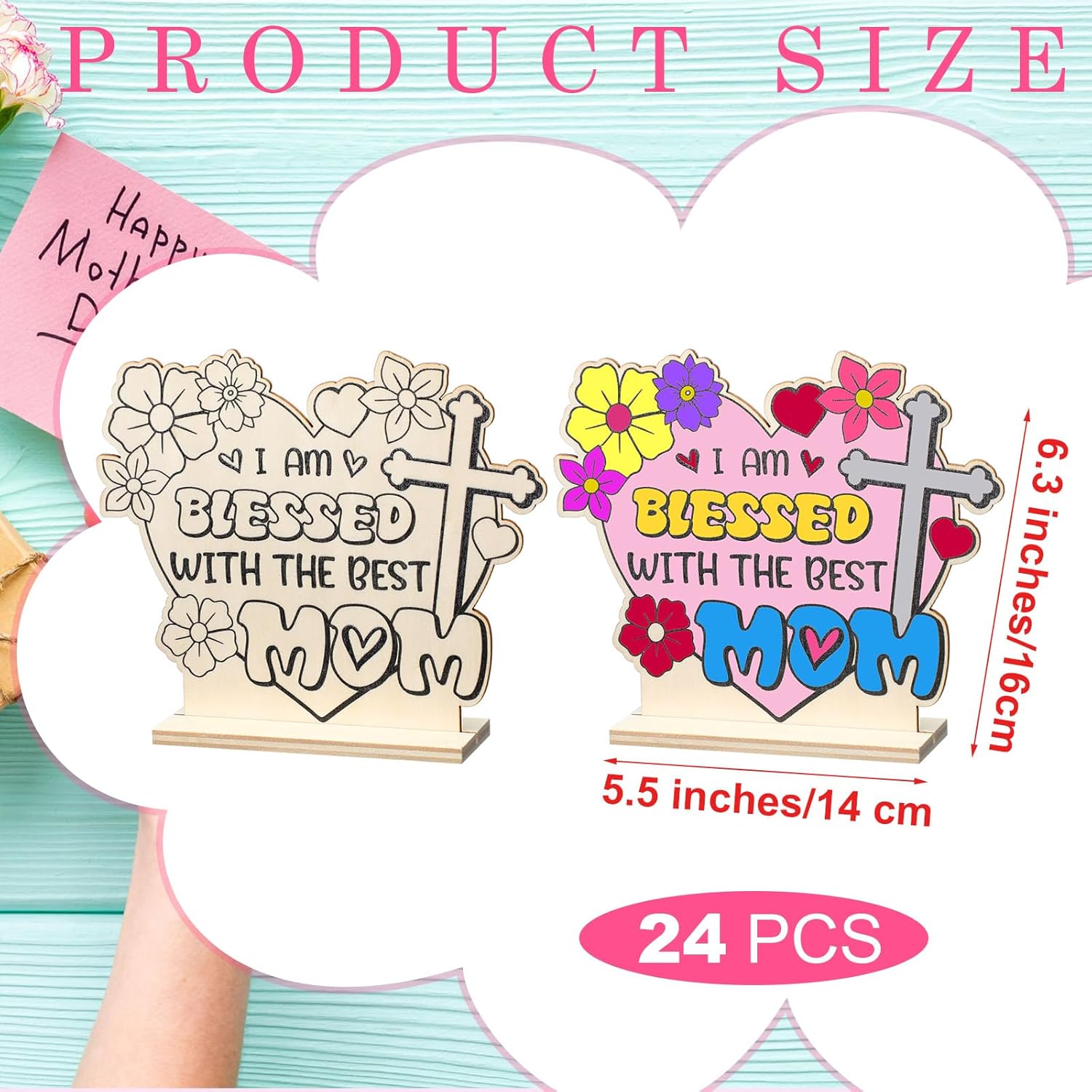 Yousoontic 24 Pcs Mother's Day Craft for Kids Bulk Color Your Own Wooden Religious Tabletop Signs Decor DIY Christian Blessed Mom Gifts for Classroom Home Sunday School Fun Craft Activities